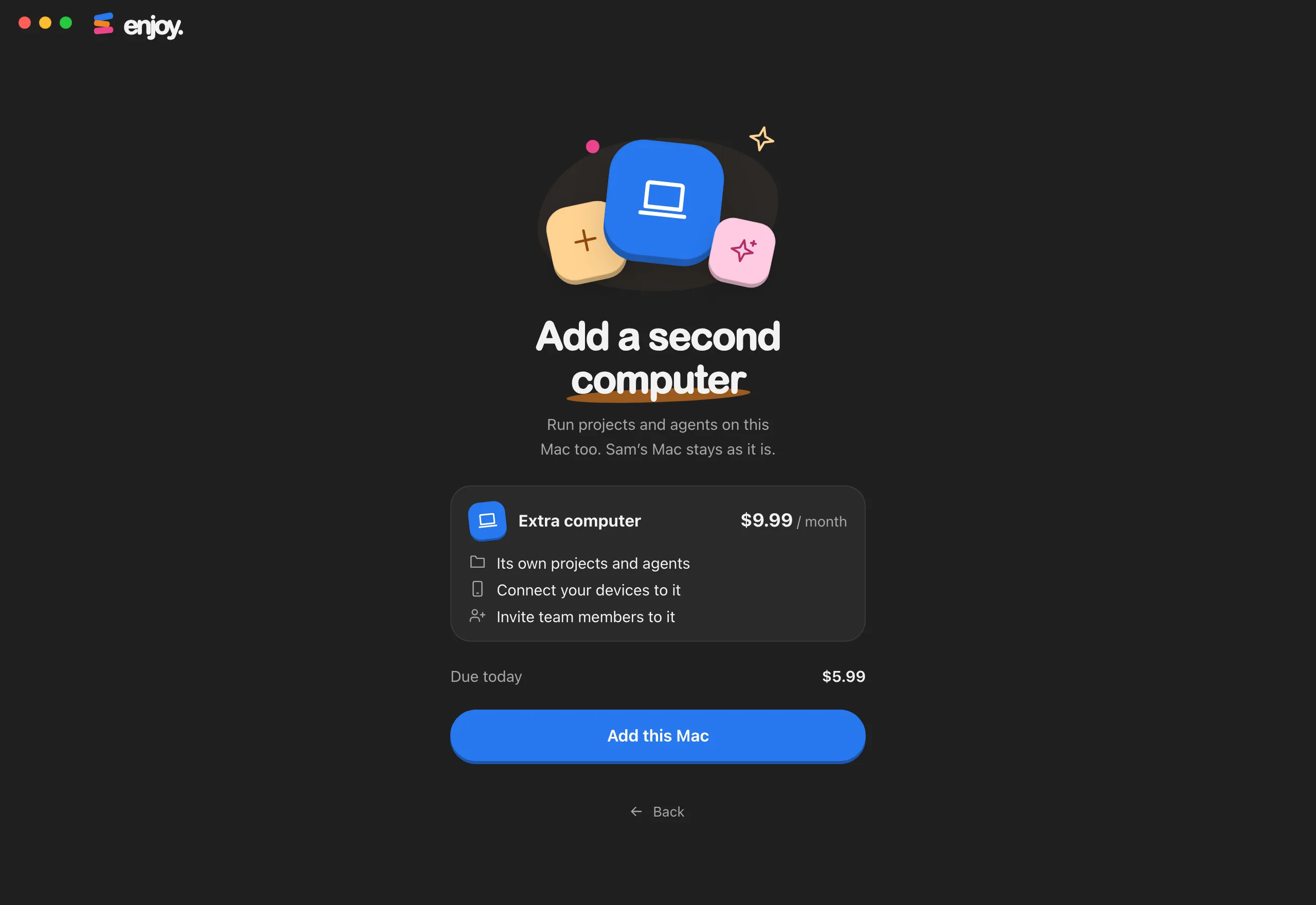 The Add a second computer screen with the Extra computer card and the Due today line. Highlighted: Add this Mac.