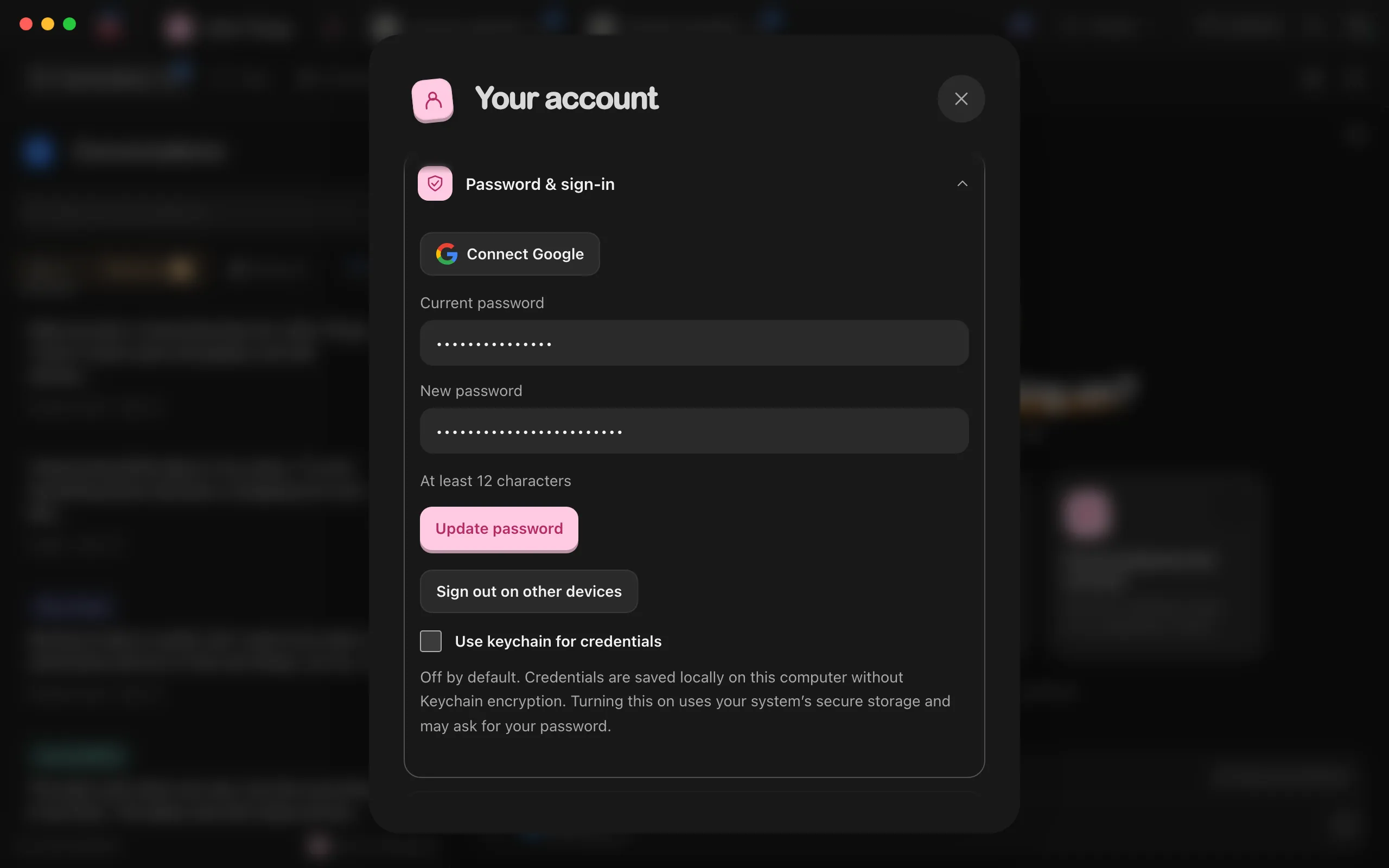 Password & sign-in in the Your account window, with the current and new passwords typed in. Highlighted: Update password.