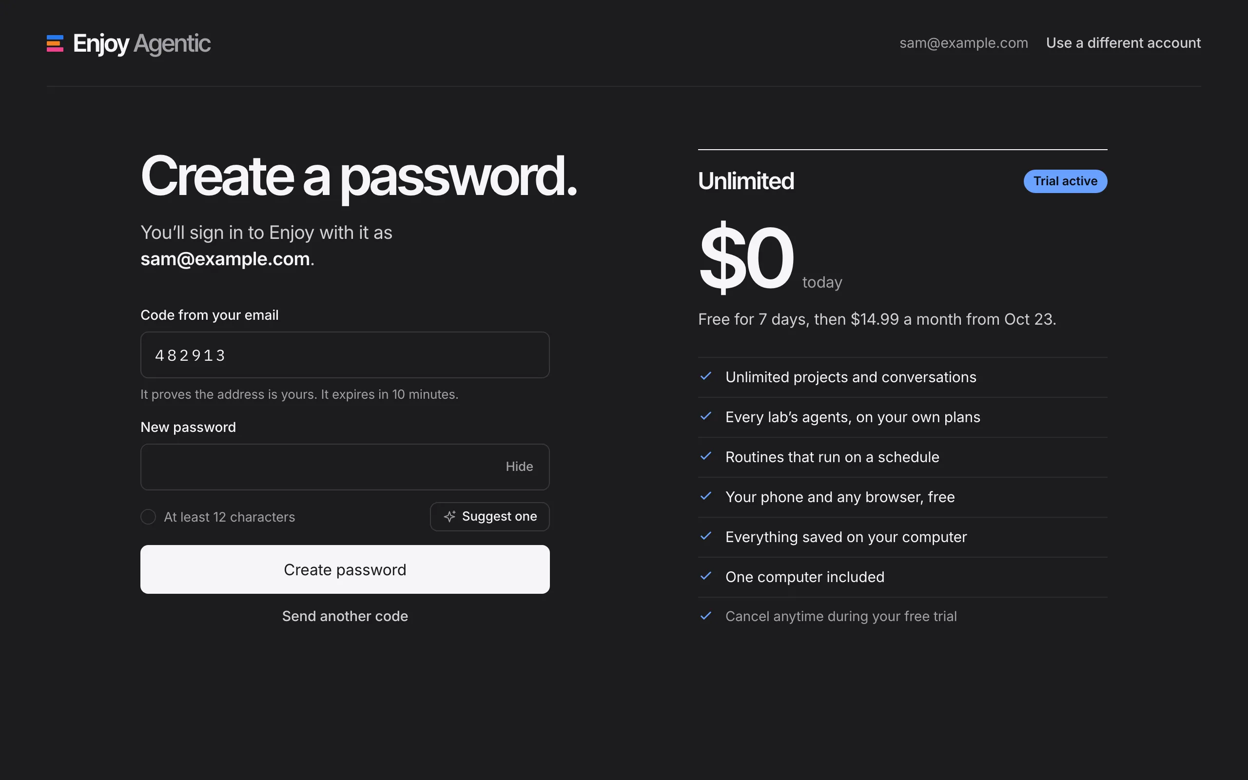 The Create a password step of the free trial signup, with the Code from your email field above New password. Highlighted: Code from your email.