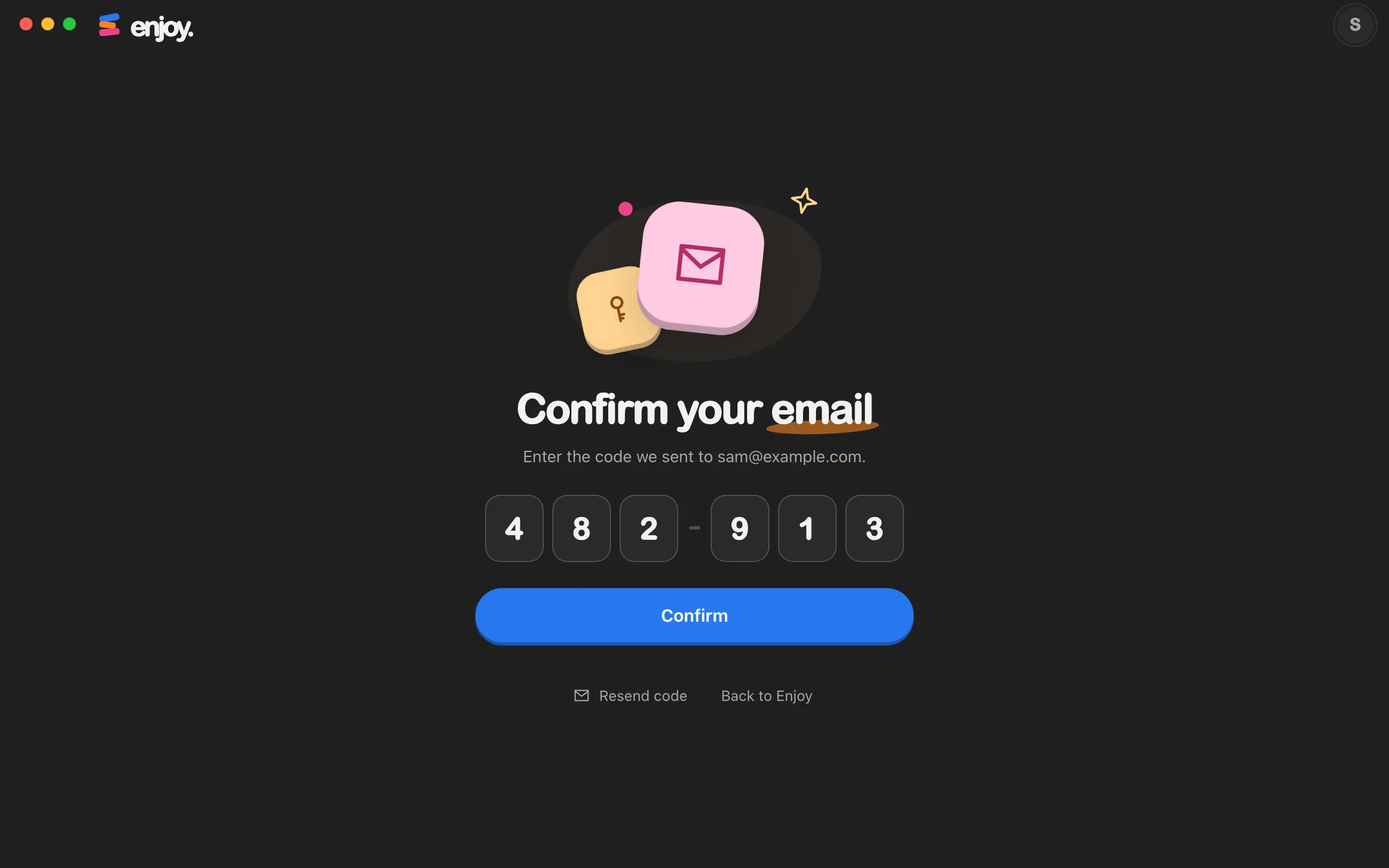 The Confirm your email card for a team invite in the computer app, with the six-digit code typed into the boxes. Highlighted: Confirm.
