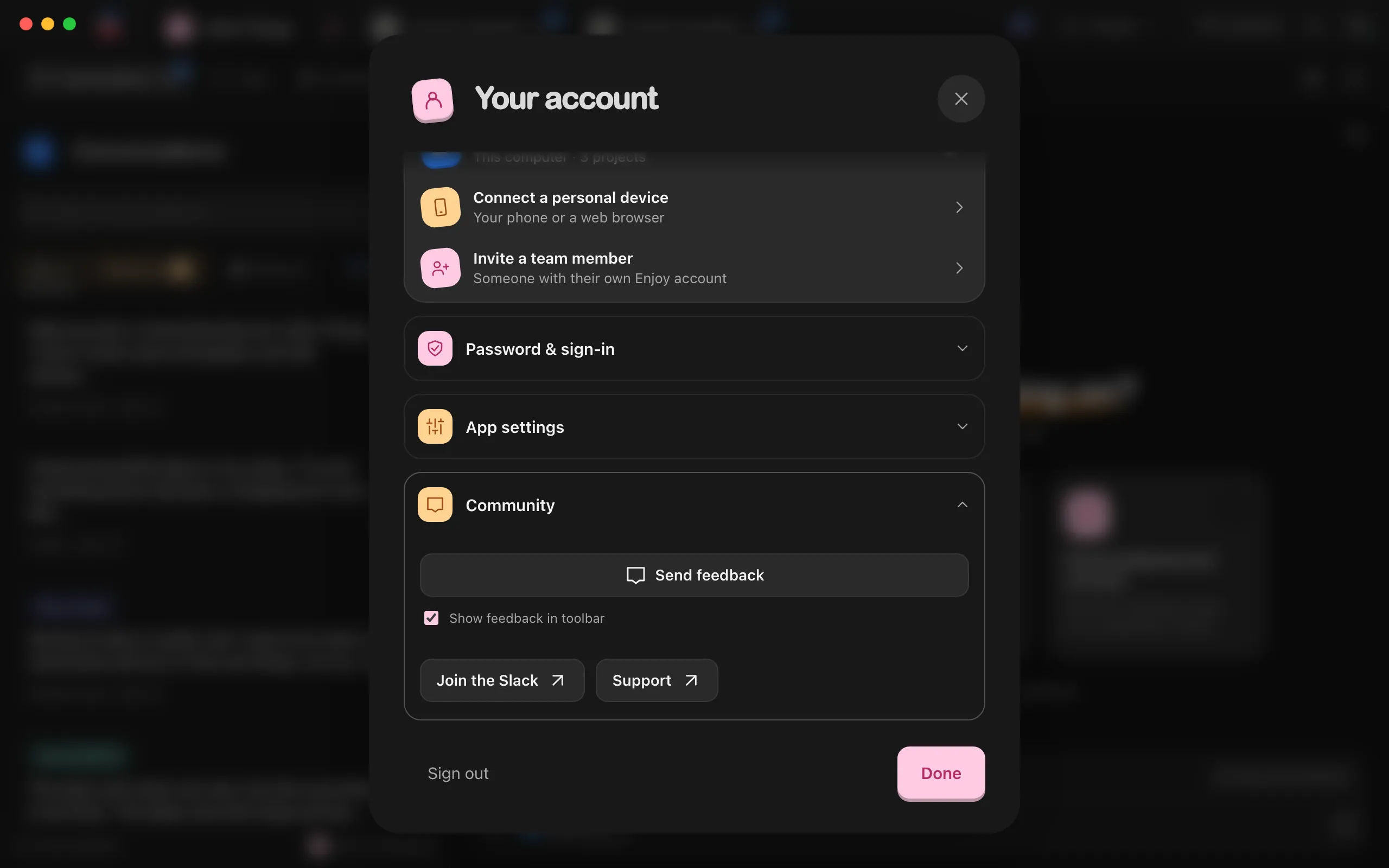 The Your account window scrolled to the Community section. Highlighted: Join the Slack.