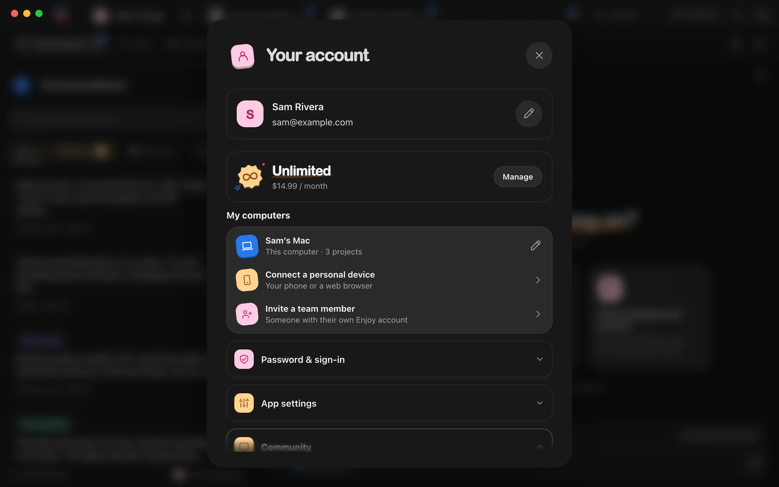 The Your account window, with the Unlimited plan row near the top. Highlighted: Manage.