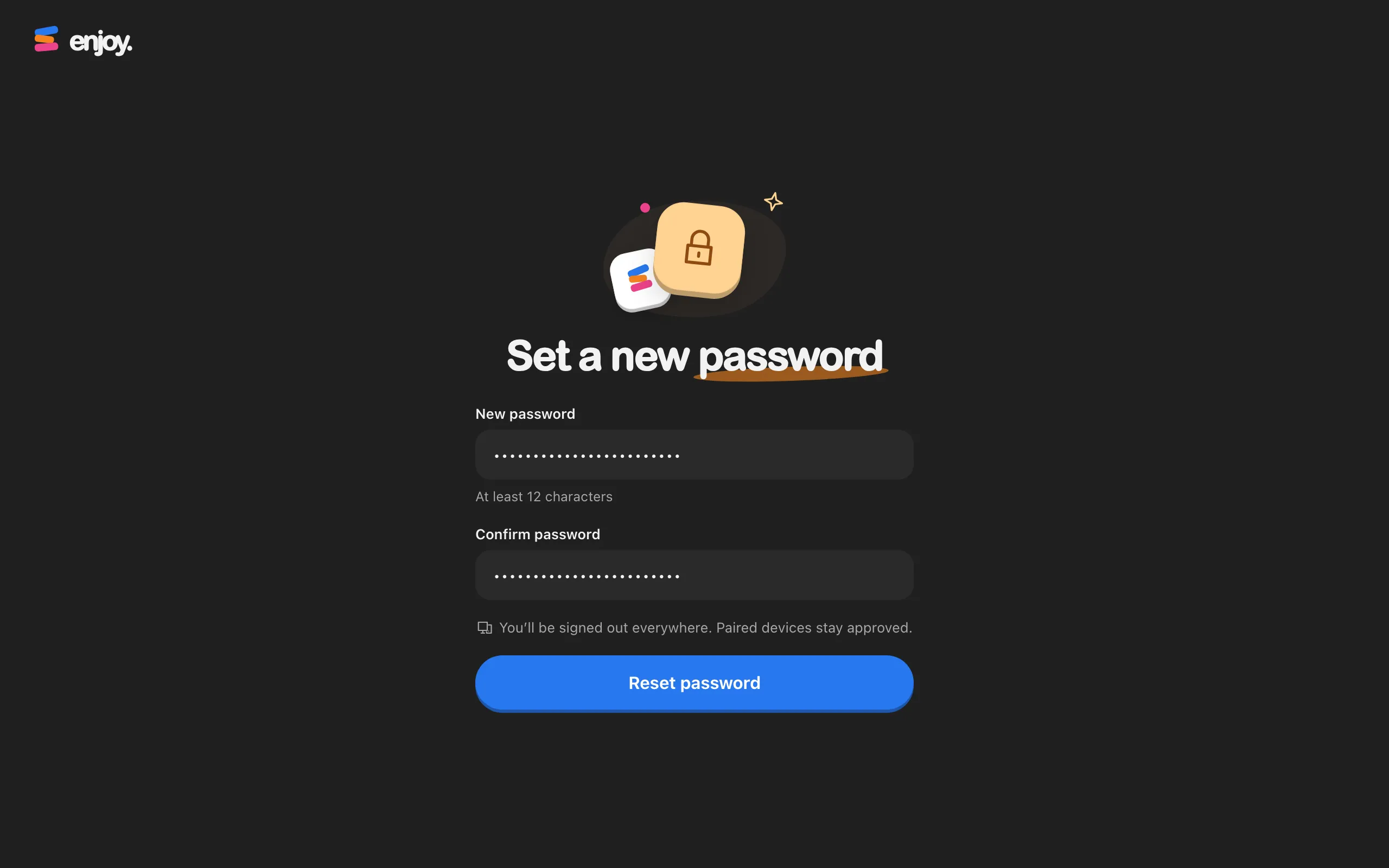 The Set a new password page in a browser, with both password fields filled in. Highlighted: Reset password.