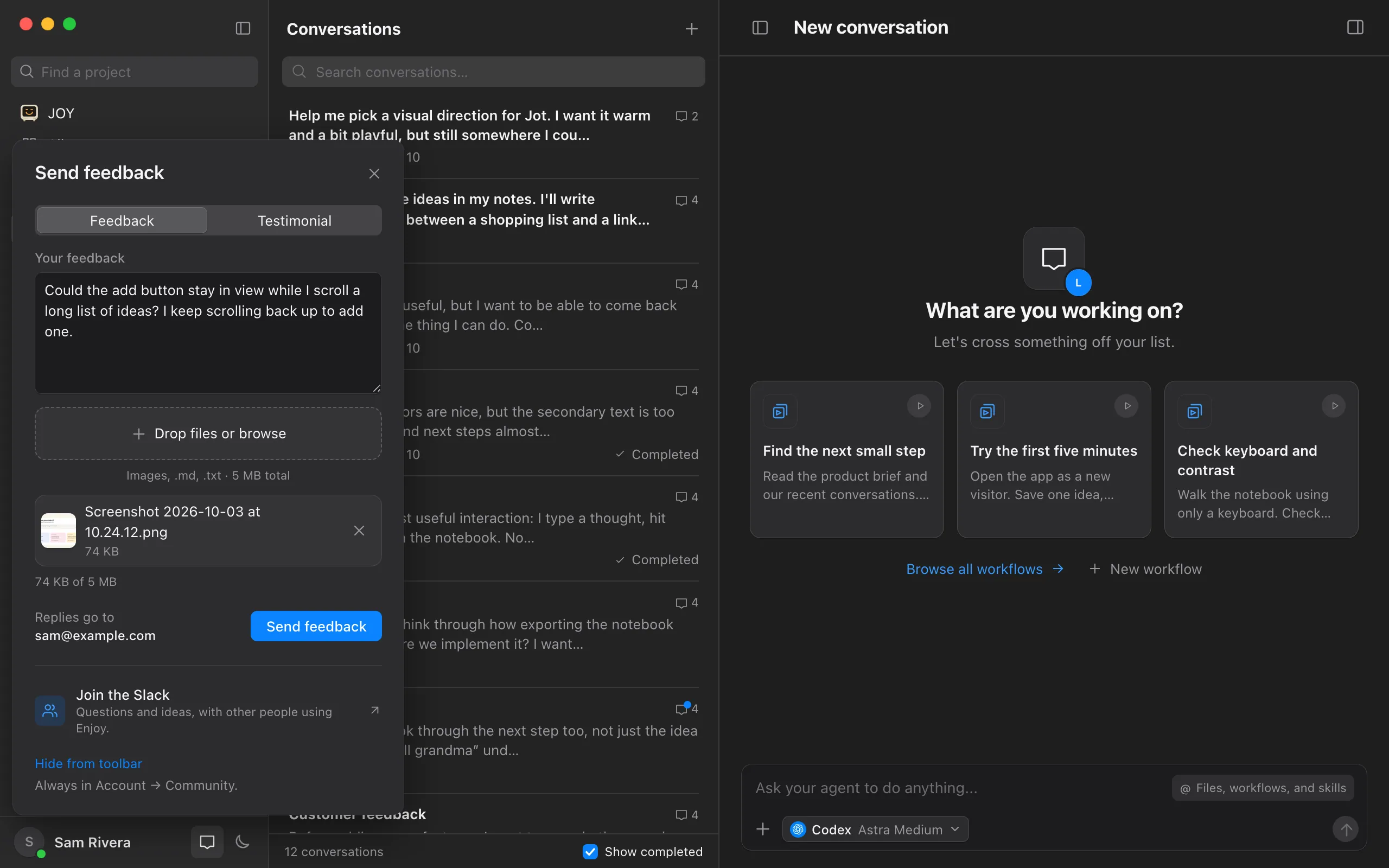 The Send feedback popover with a note typed and one screenshot attached. Highlighted: Drop files or browse.