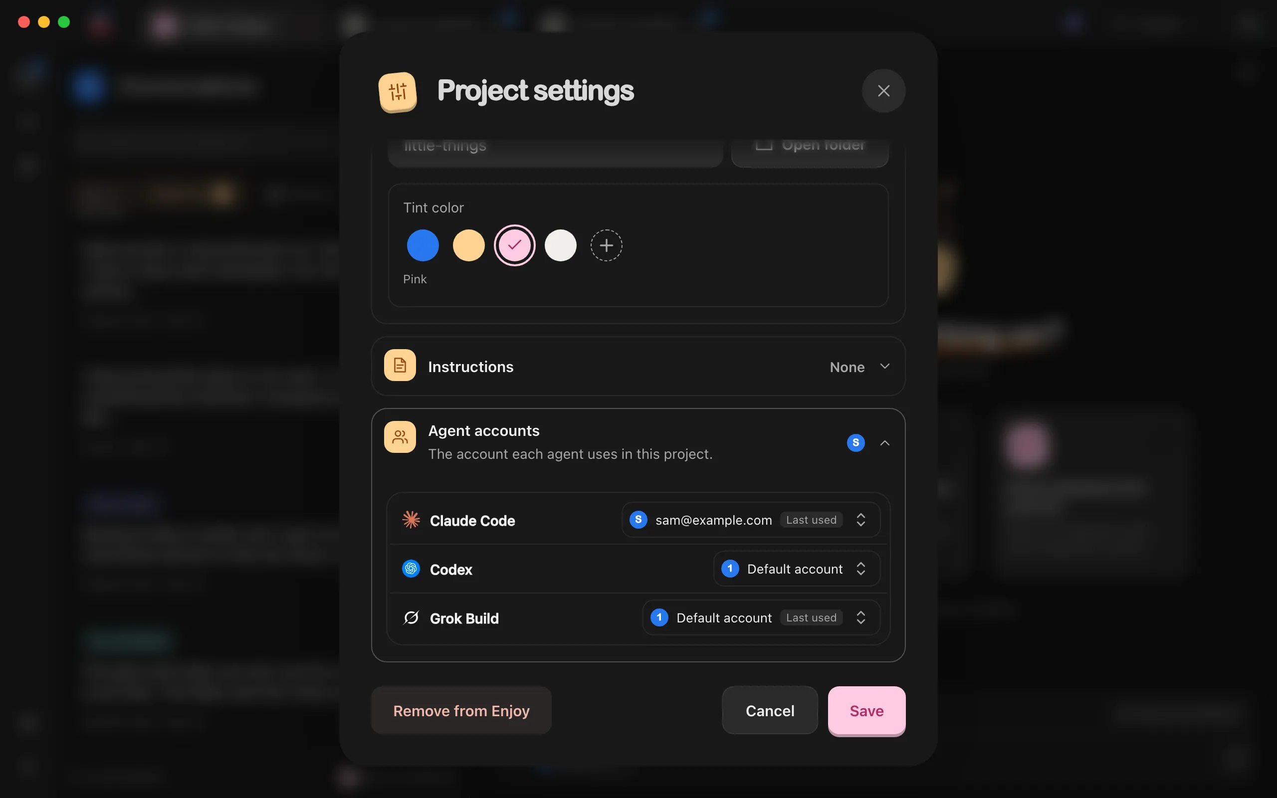 Project settings open, with the Agent accounts section expanded and a row for each agent. Highlighted: Agent accounts.