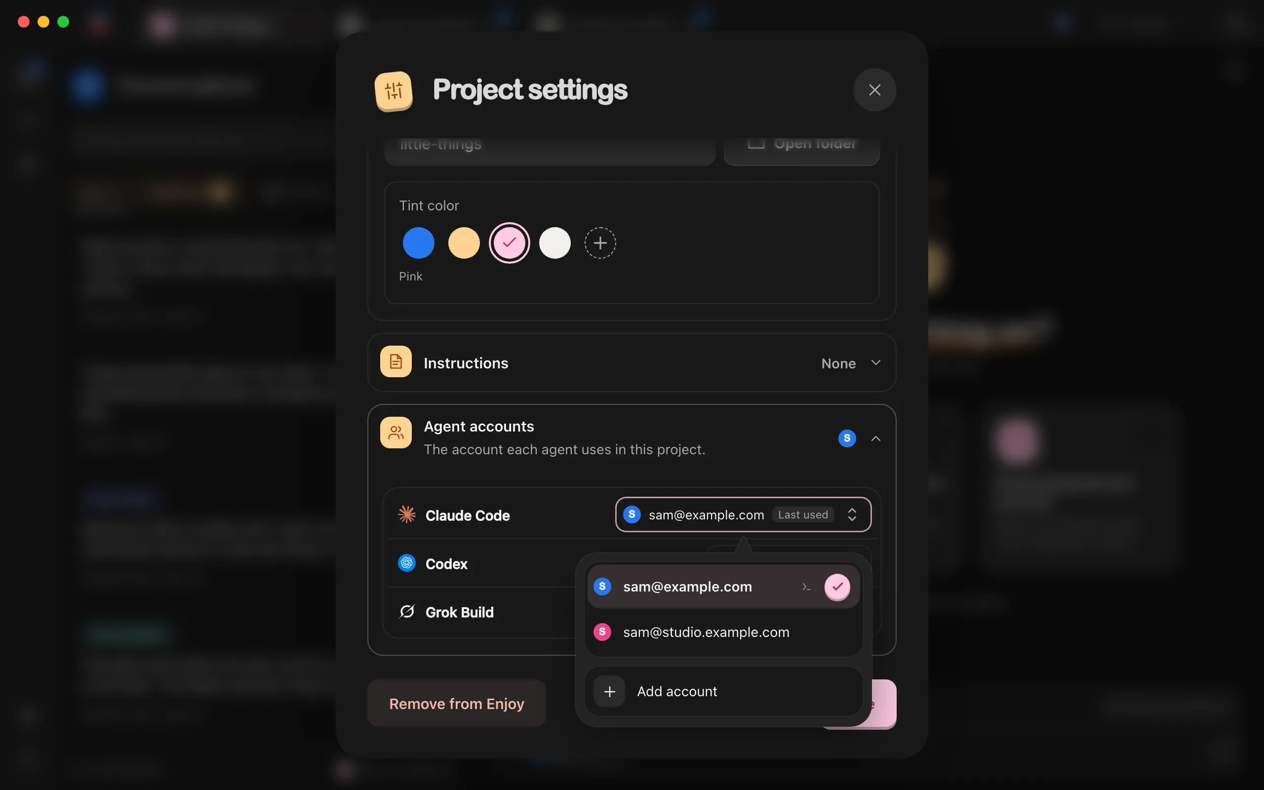 The account menu for one agent open inside Project settings. Highlighted: Add account.