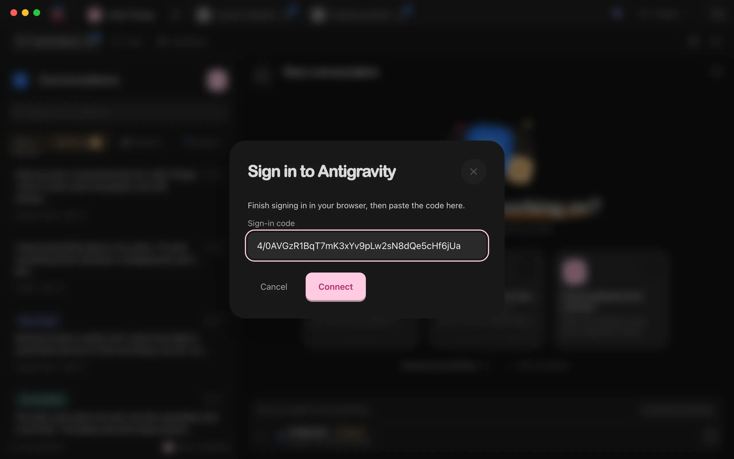 The Sign in to Antigravity window, with the code from the browser pasted into Sign-in code. Highlighted: Sign-in code.