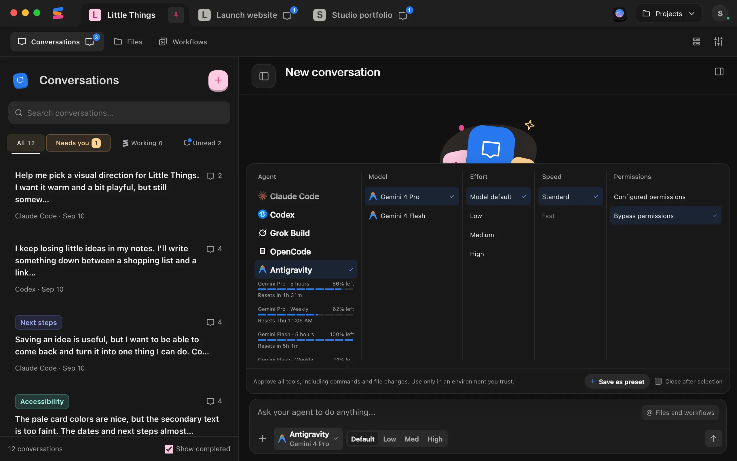 The agent settings open with Antigravity selected, showing Configured permissions and Bypass permissions in the Permissions column. Highlighted: Bypass permissions.