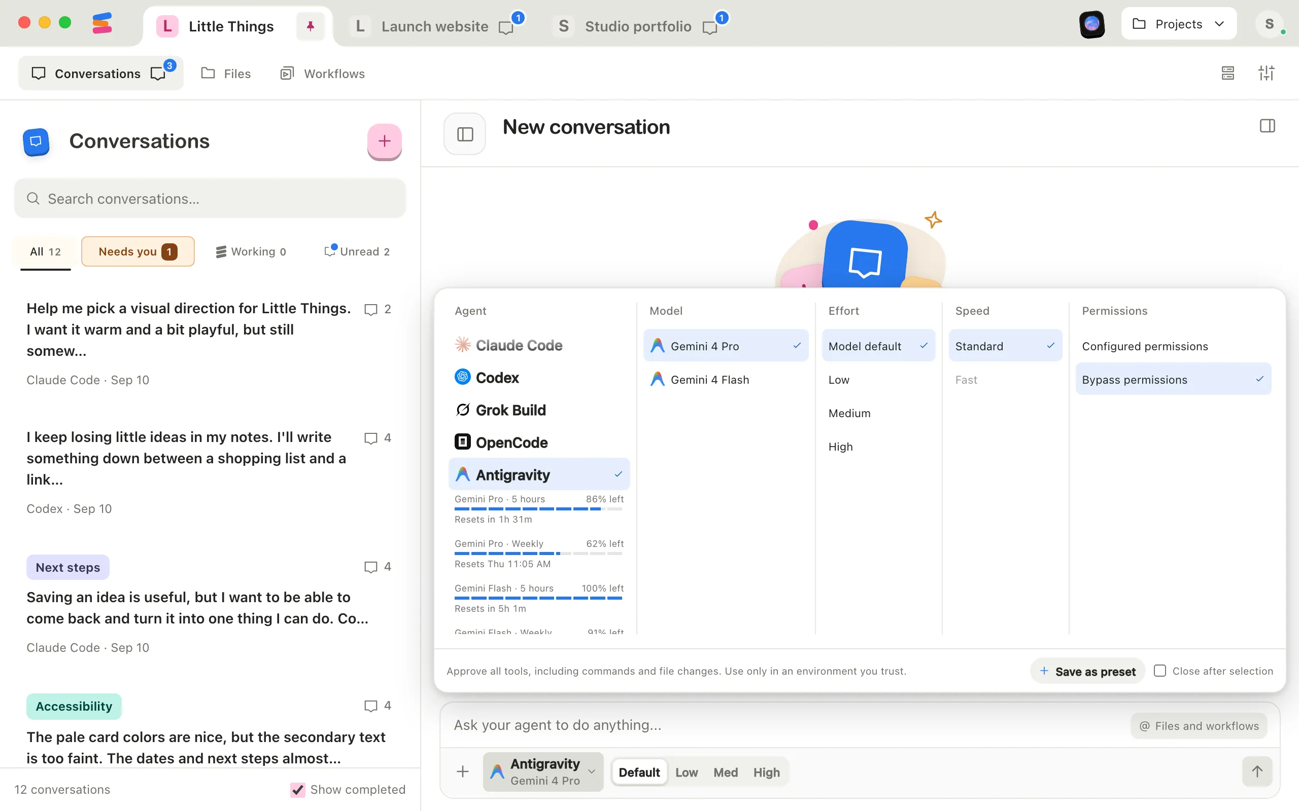 The agent settings open with Antigravity selected, showing Configured permissions and Bypass permissions in the Permissions column. Highlighted: Bypass permissions.