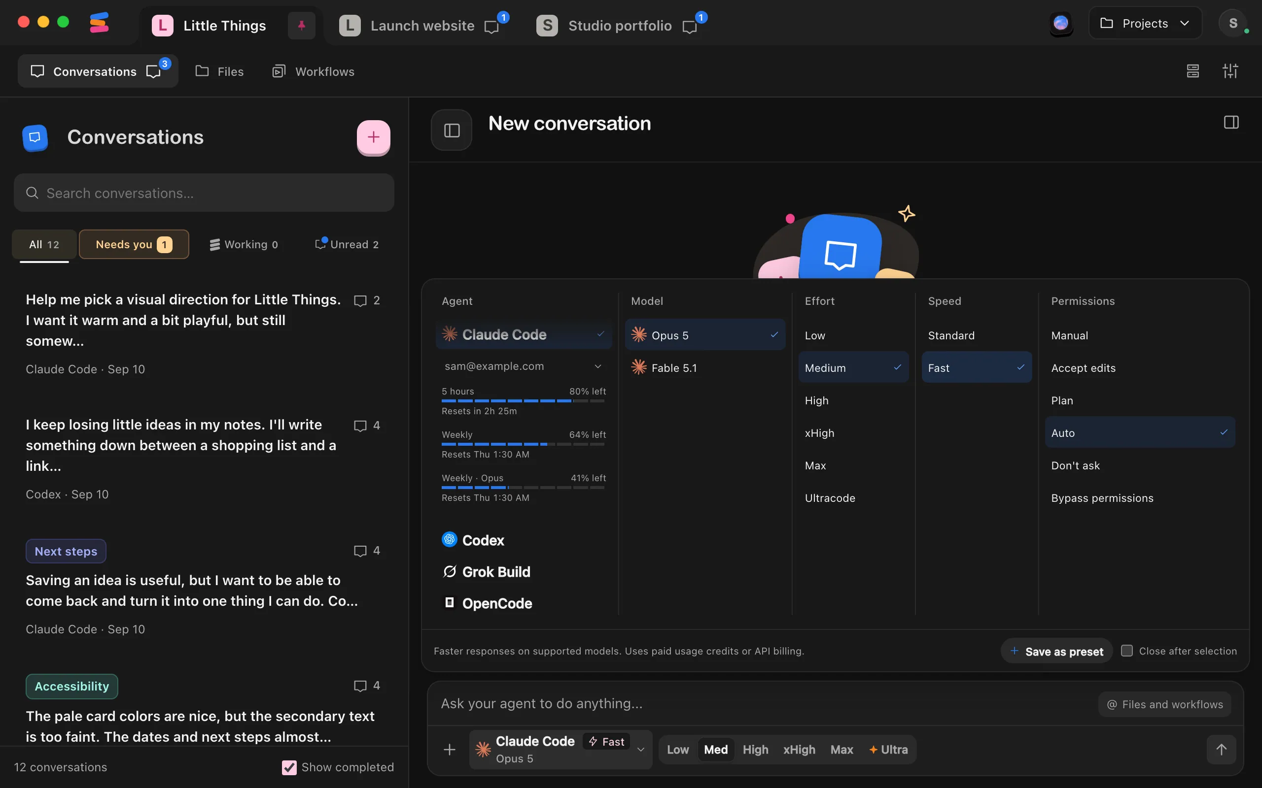 The agent settings open with Fast selected in the Speed column and its description at the bottom. The agent button shows Fast with a lightning bolt. Highlighted: Fast.