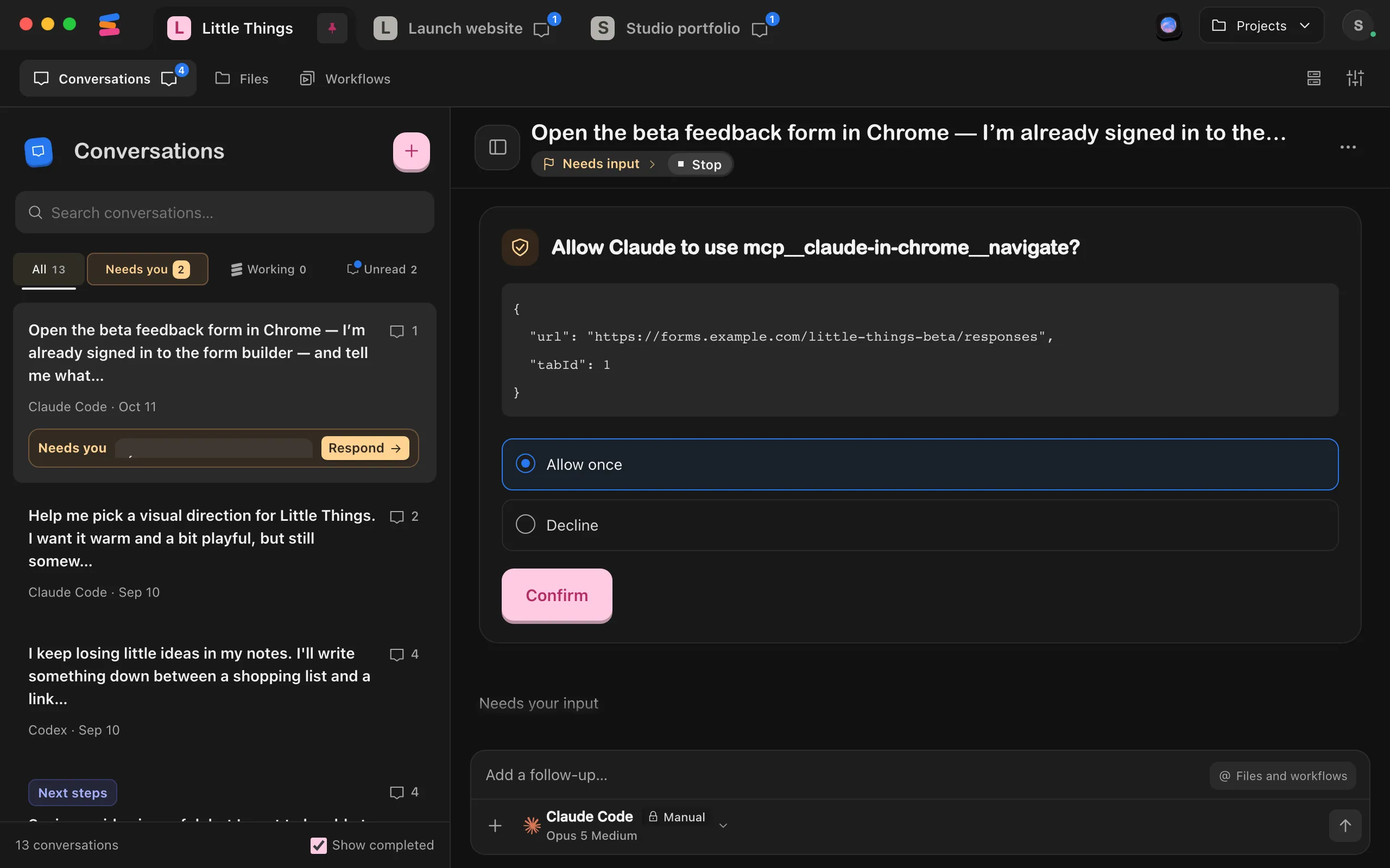 A Claude Code conversation where Claude has asked to use the Chrome extension’s navigate tool, with Allow once selected on its approval card. Highlighted: Allow once.