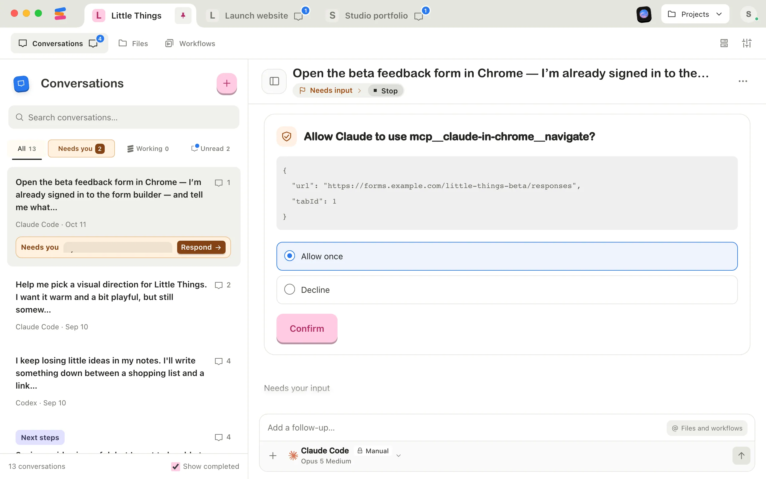 A Claude Code conversation where Claude has asked to use the Chrome extension’s navigate tool, with Allow once selected on its approval card. Highlighted: Allow once.