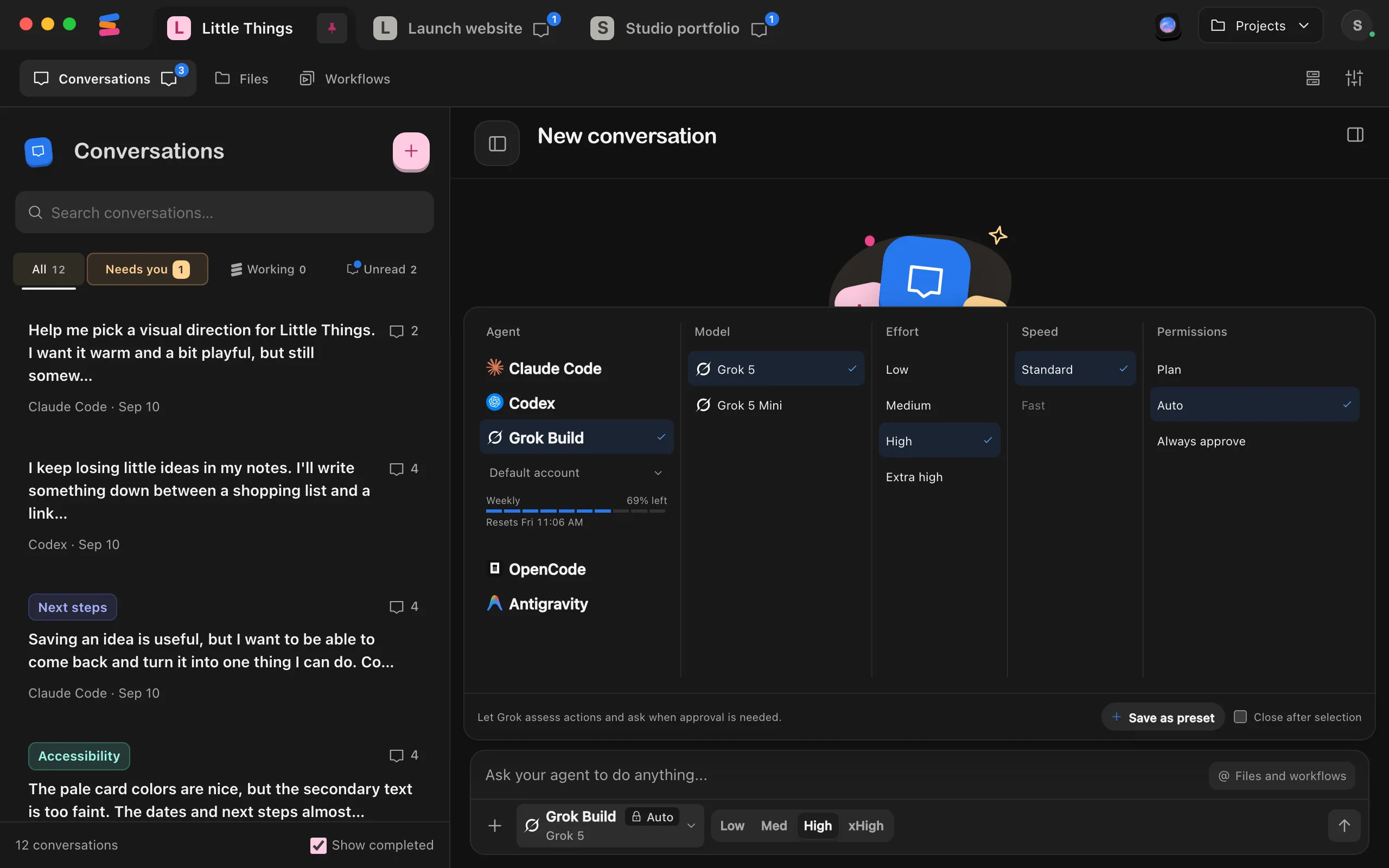 The agent settings open with Grok Build selected, showing Plan, Auto, and Always approve in the Permissions column. Highlighted: Auto.