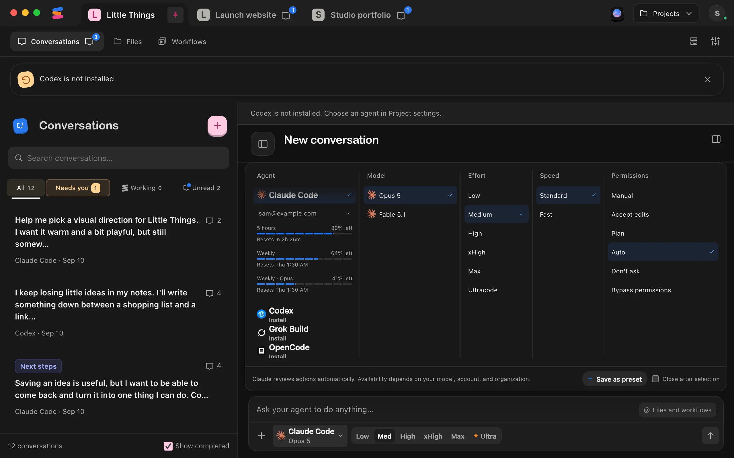 The agent settings open above the message box, with Install under Codex, Grok Build, OpenCode and Antigravity in the Agent column. Highlighted: Codex, showing Install.