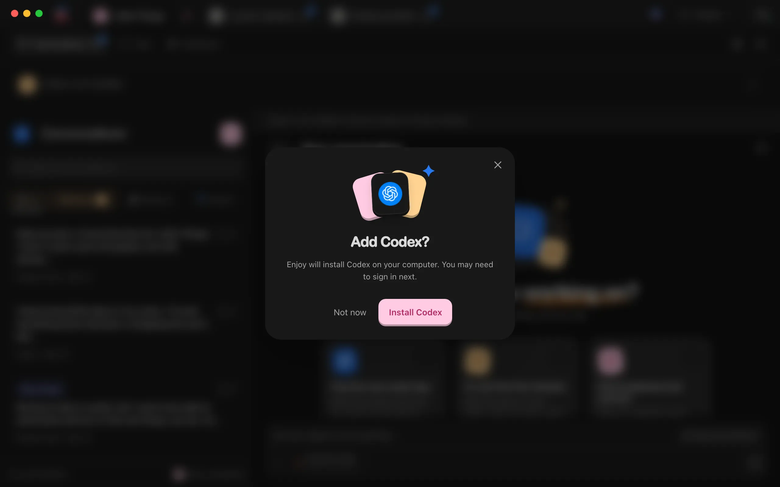 The Add Codex? window, before installing. Highlighted: Install Codex.