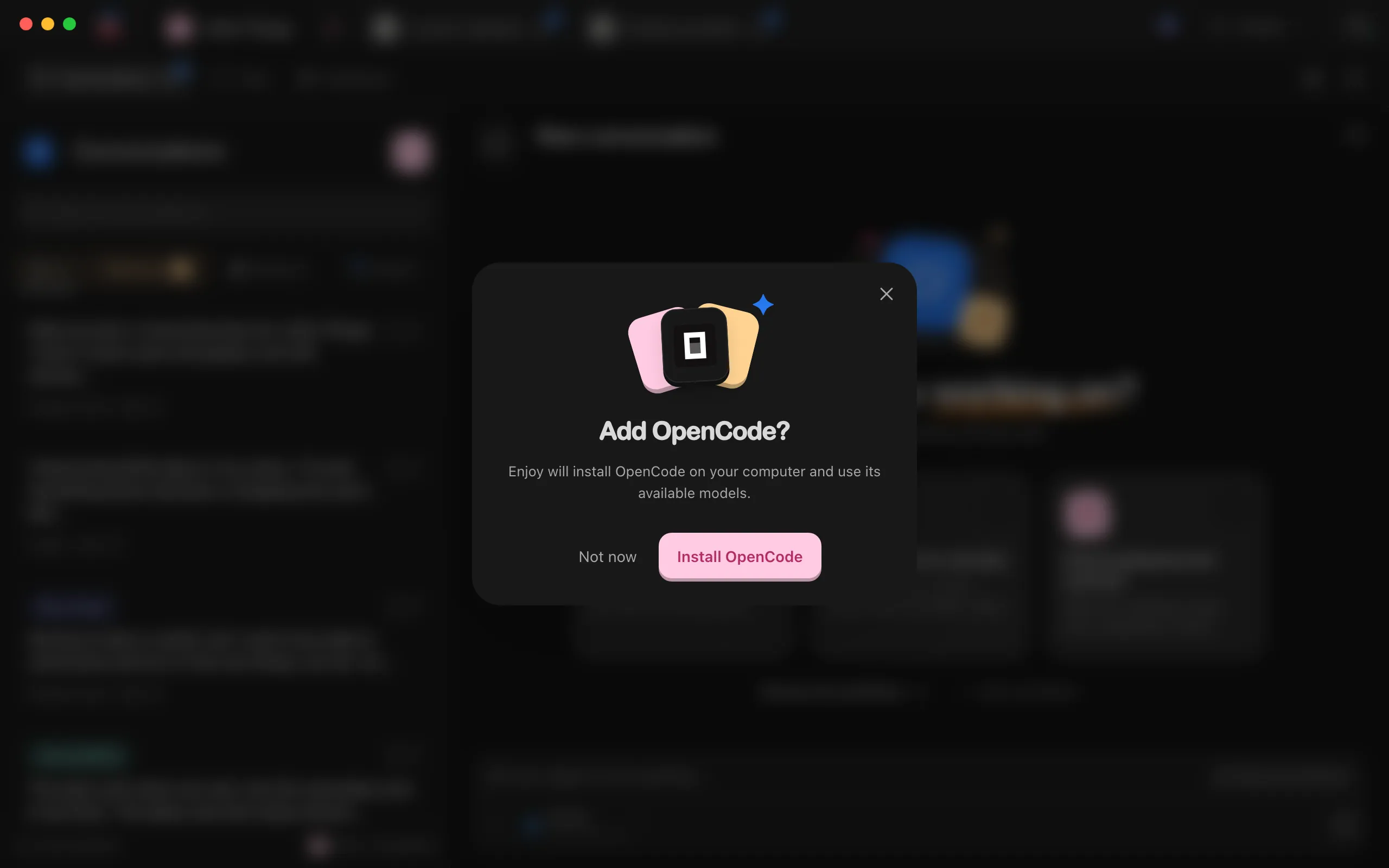 The Add OpenCode? window, explaining that Enjoy will install OpenCode and use its available models. Highlighted: Install OpenCode.