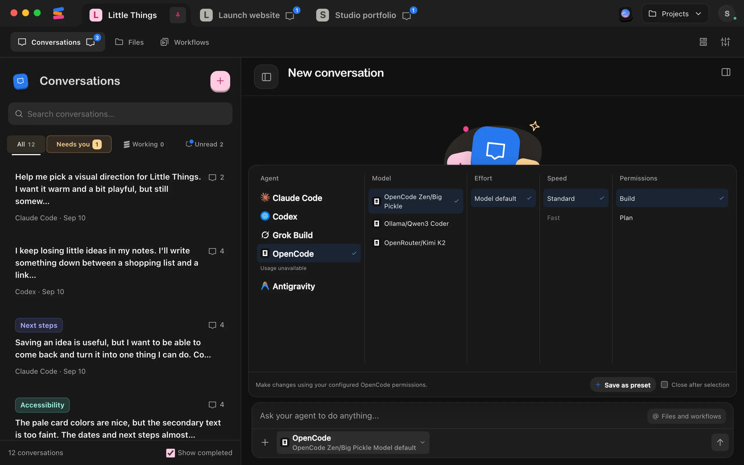 The agent settings open with OpenCode selected, showing Build and Plan in the Permissions column. Highlighted: Plan.