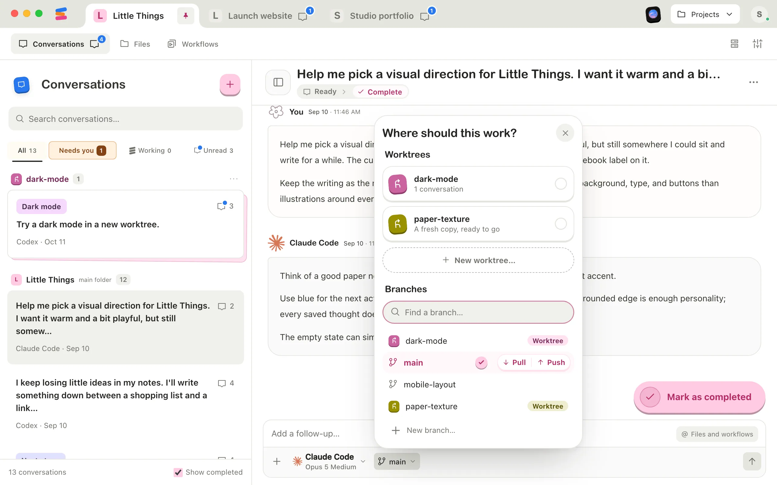 The branch menu open, with a worktree under Worktrees showing how many conversations work there. Highlighted: The worktree under Worktrees.