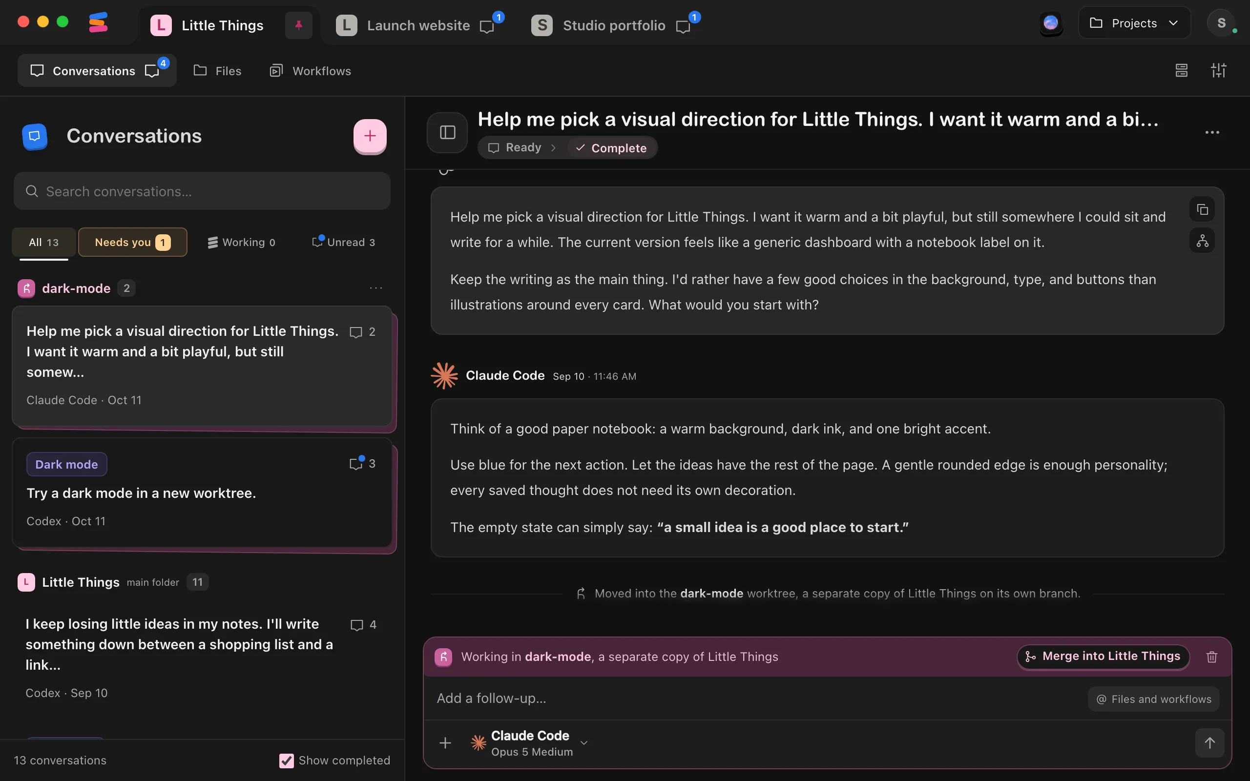 The message box with a colored band at its top that says the conversation is working in the worktree. Highlighted: The worktree band.