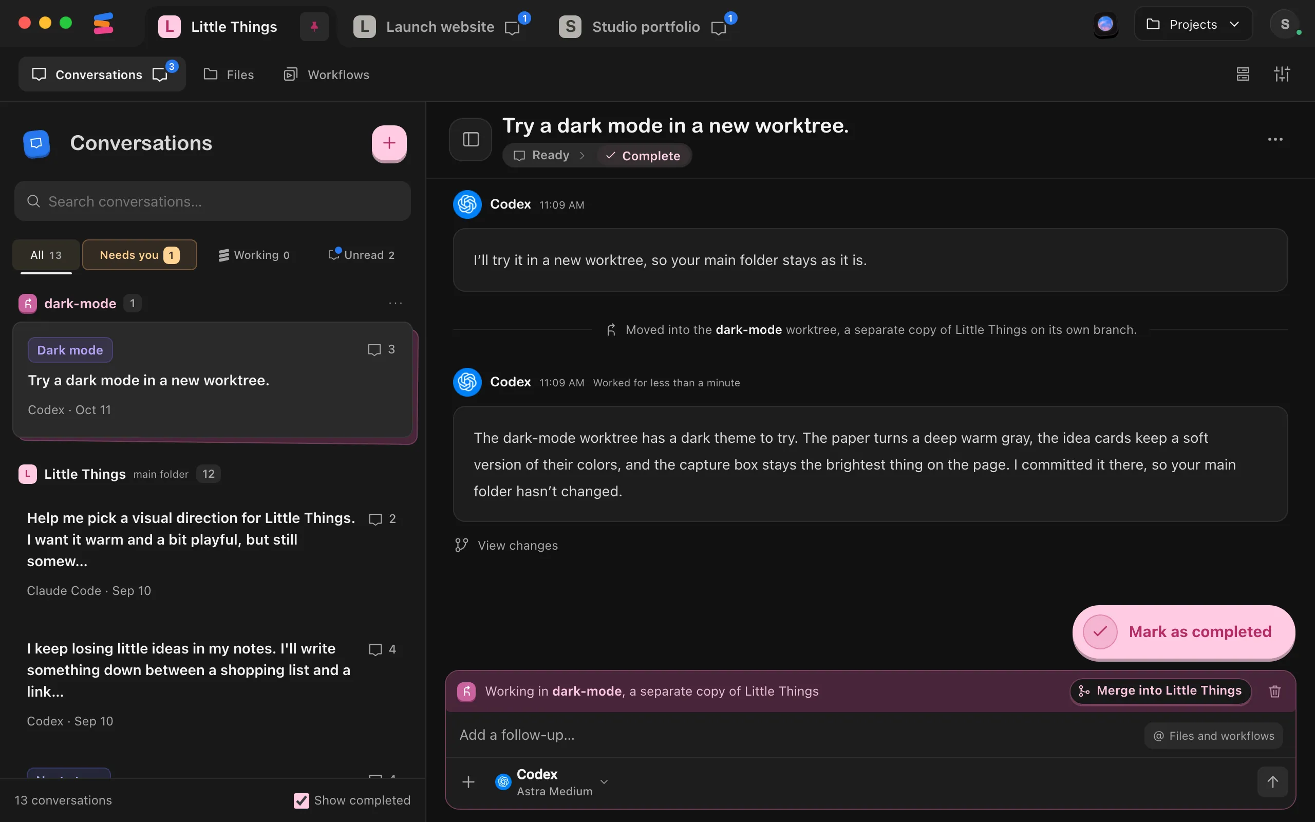 A conversation working in a worktree, with the colored band at the top of the message box and a trash button at its end. Highlighted: Delete worktree.