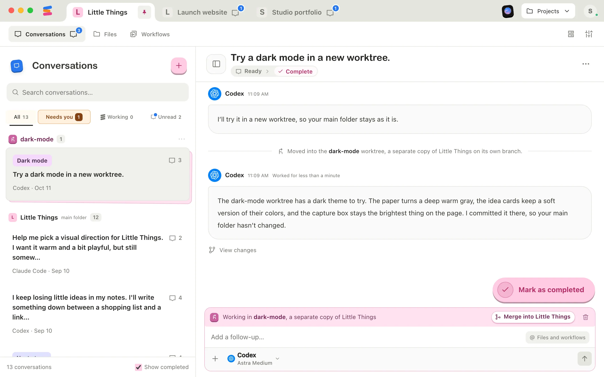 A conversation working in a worktree, with the colored band at the top of the message box and a trash button at its end. Highlighted: Delete worktree.