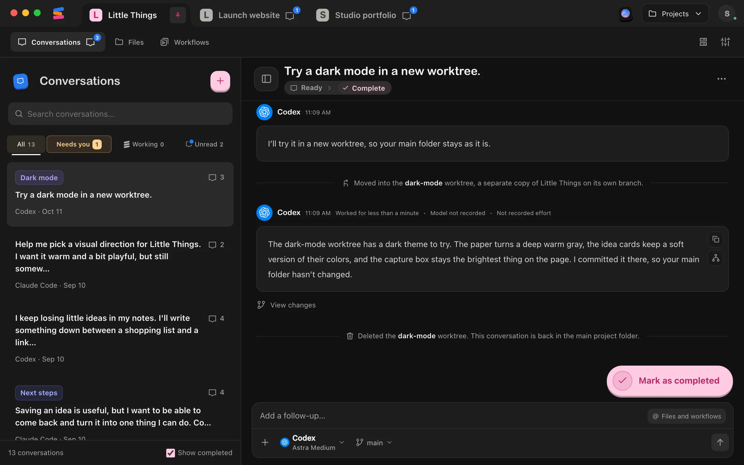 The conversation after deleting the worktree: a note says it is back in the main project folder, and the message box shows the branch button again. Highlighted: The note that the worktree was deleted.