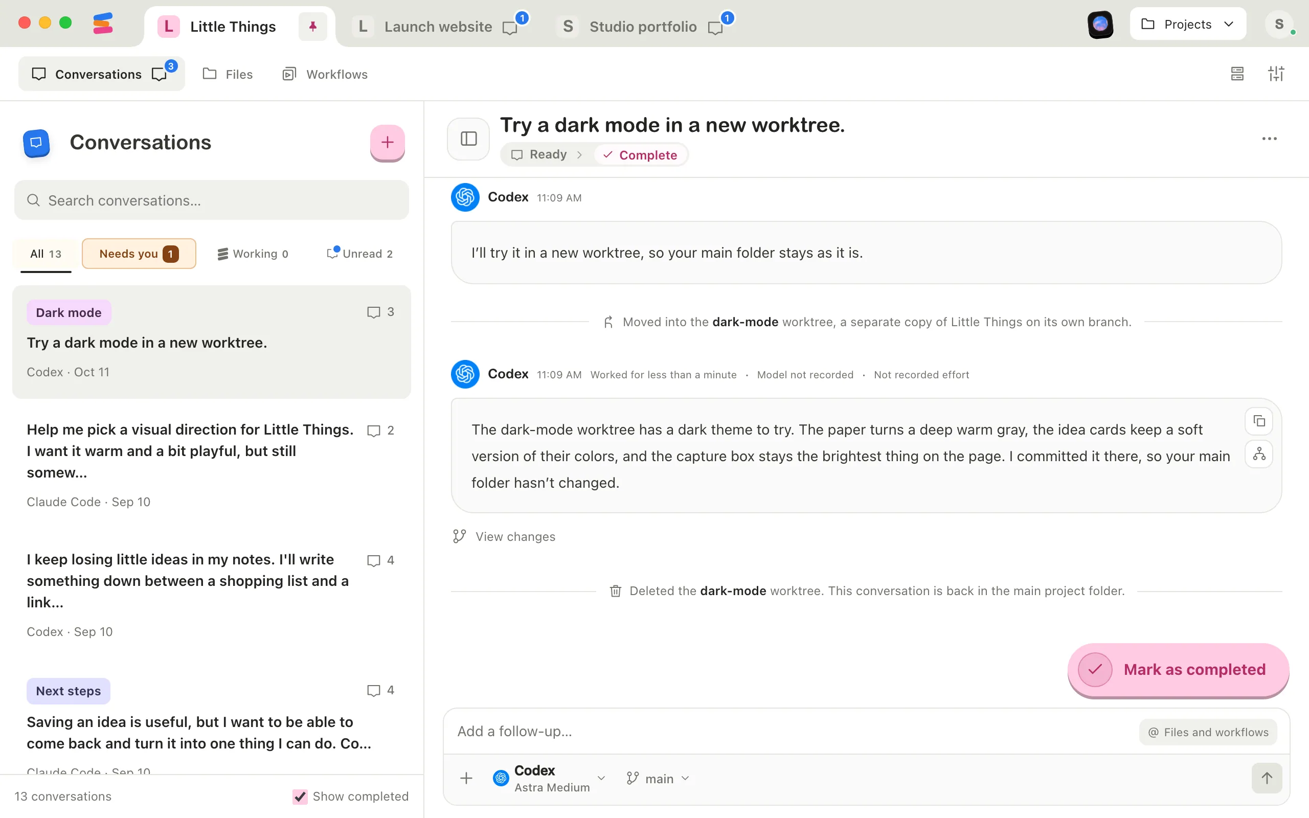The conversation after deleting the worktree: a note says it is back in the main project folder, and the message box shows the branch button again. Highlighted: The note that the worktree was deleted.