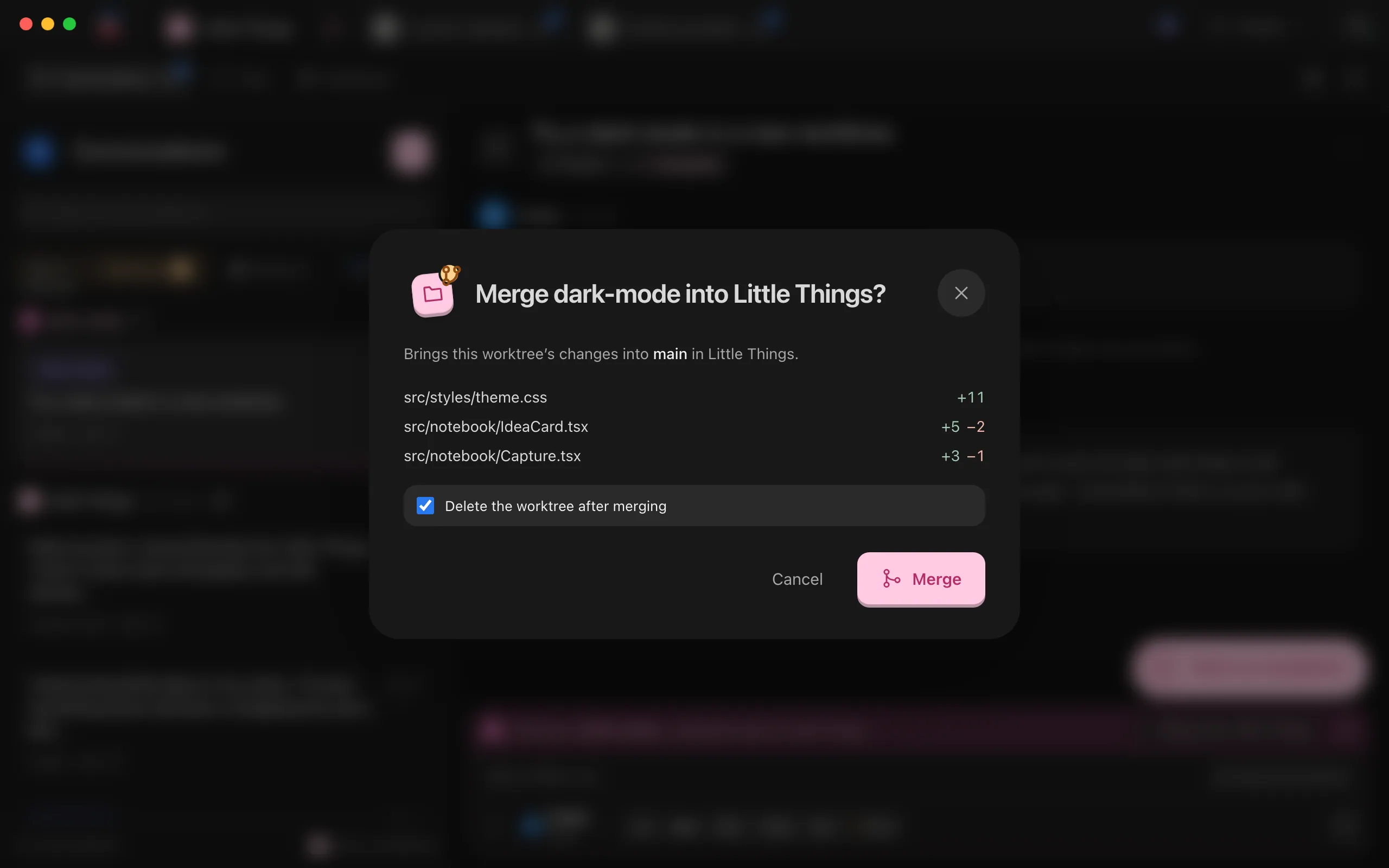 The merge window for the worktree, listing the changed files, with "Delete the worktree after merging" selected. Highlighted: Delete the worktree after merging.