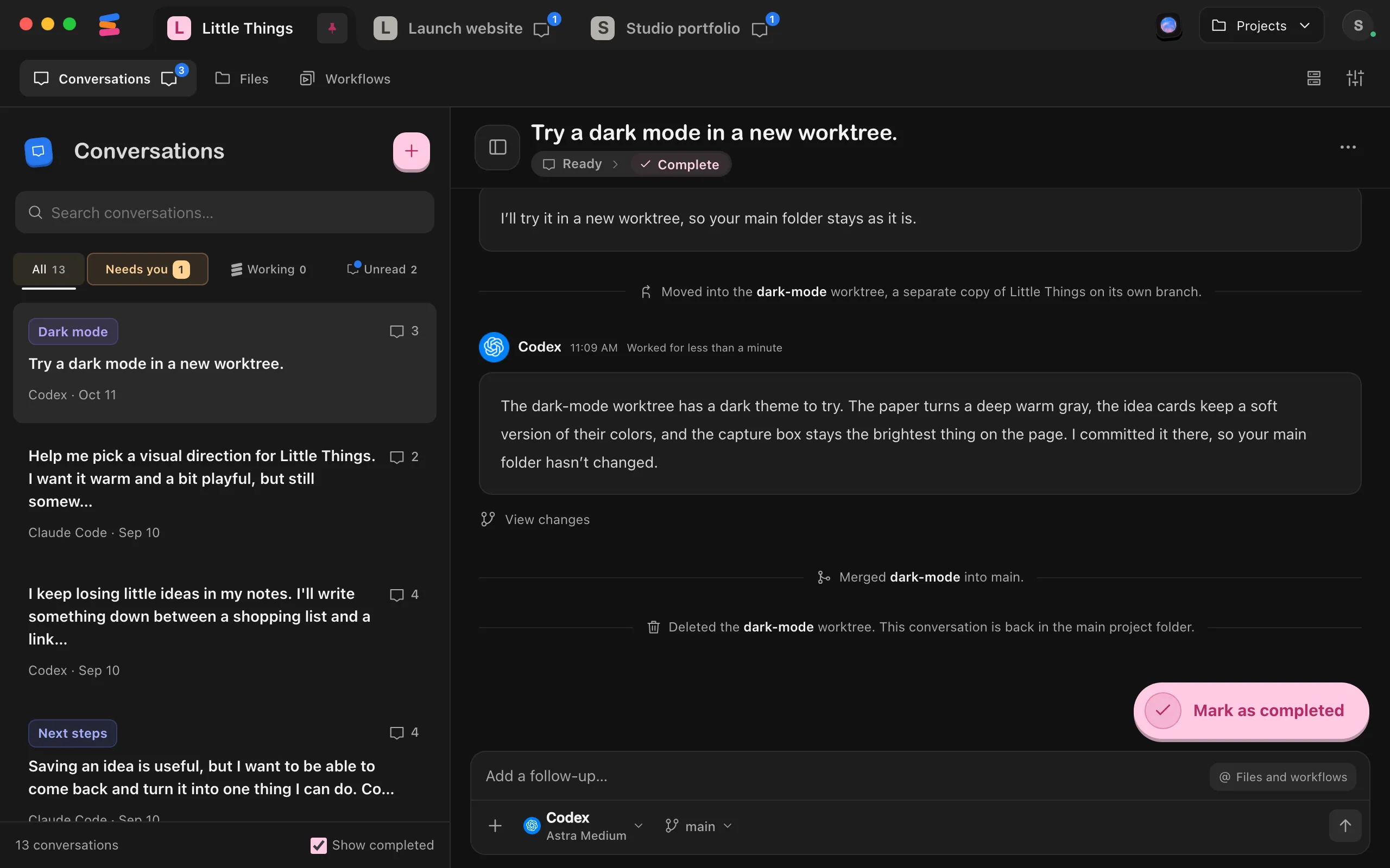 The conversation after merging: notes say the worktree was merged into main and then deleted, and the message box shows the branch button again. Highlighted: The note that the worktree was merged.