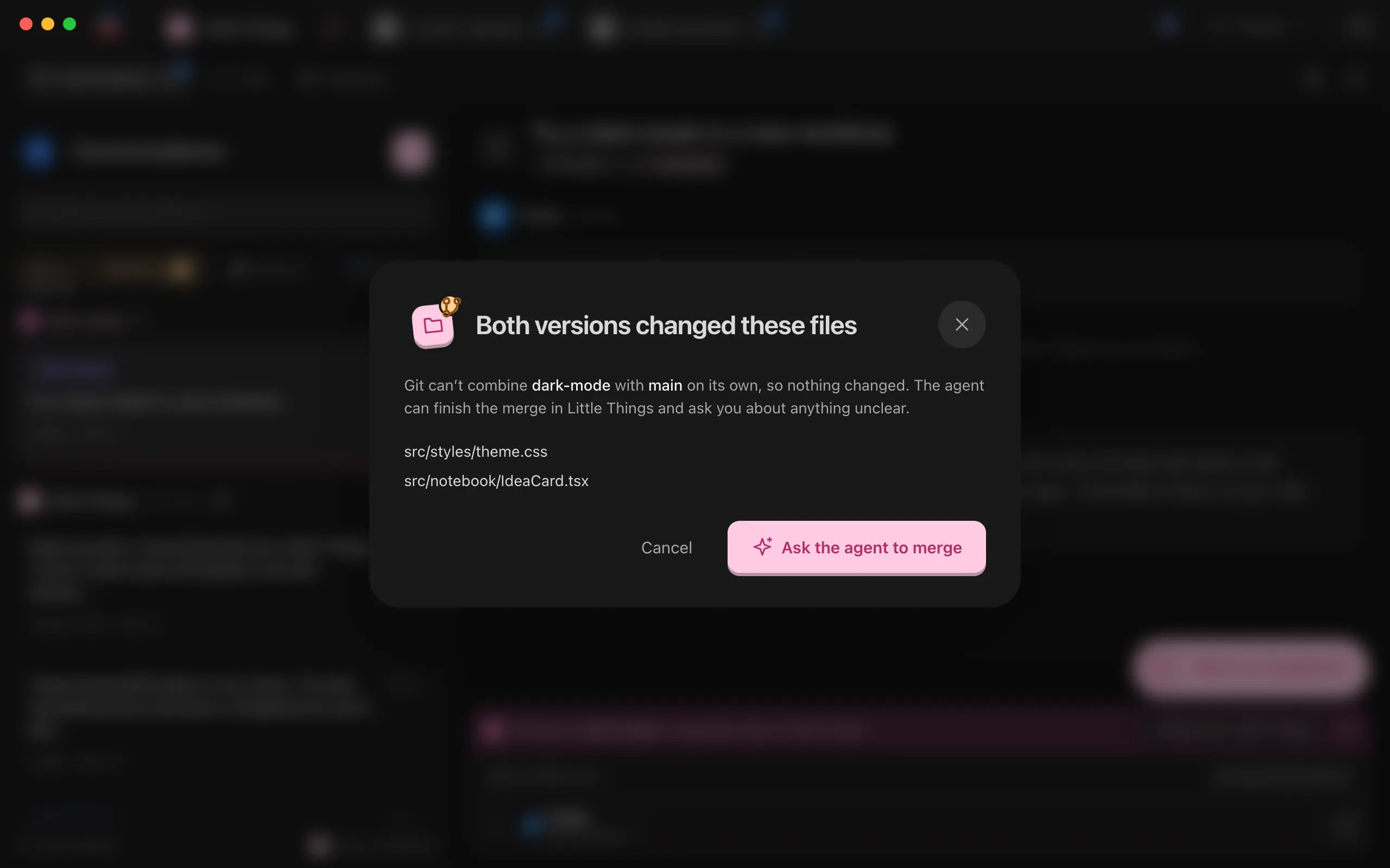 The "Both versions changed these files" window, listing the files. Highlighted: Ask the agent to merge.