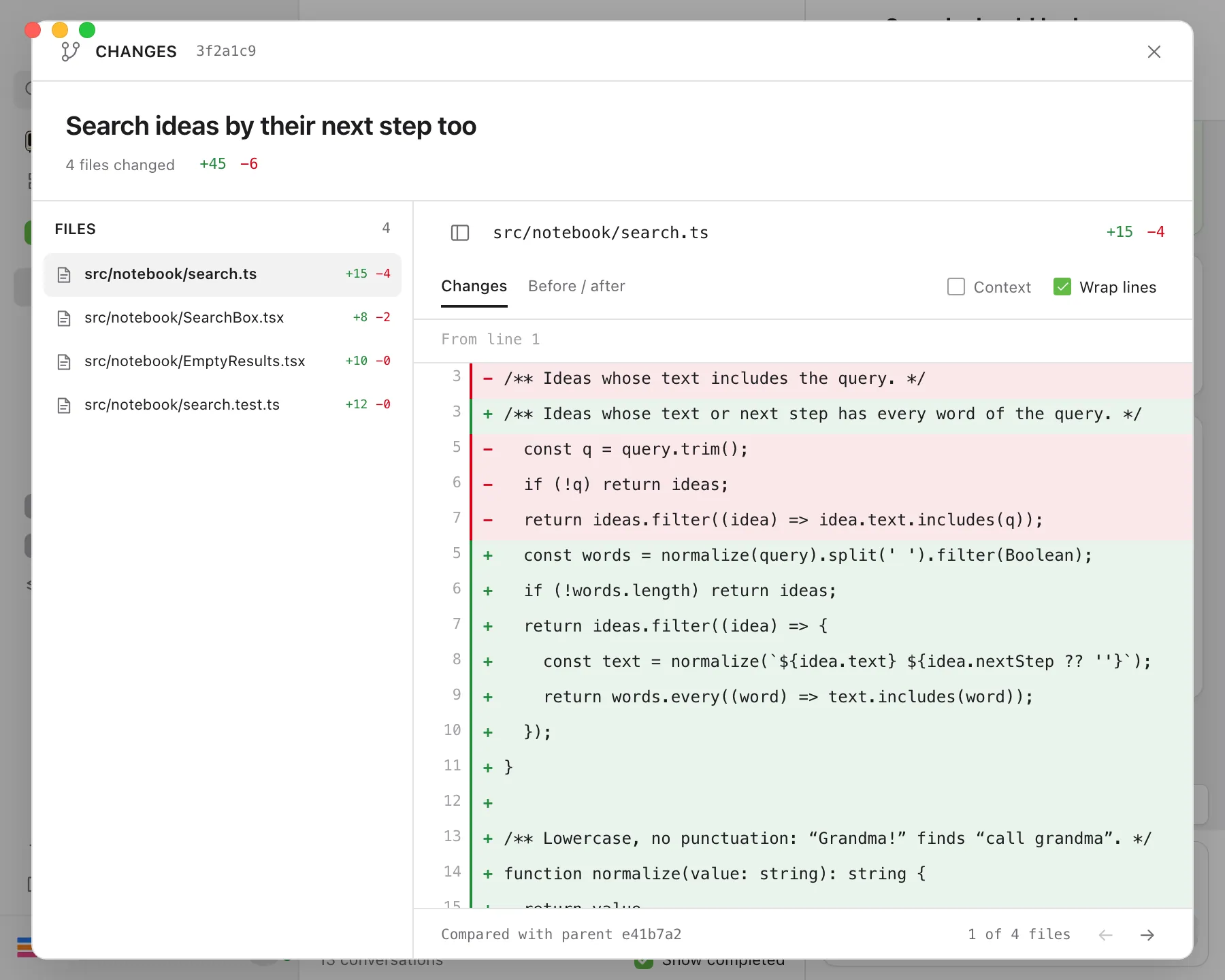 The Changes window showing a file's changes, with the Changes and Before / after buttons and the Context and Wrap lines toggles above the code. Highlighted: Before / after.