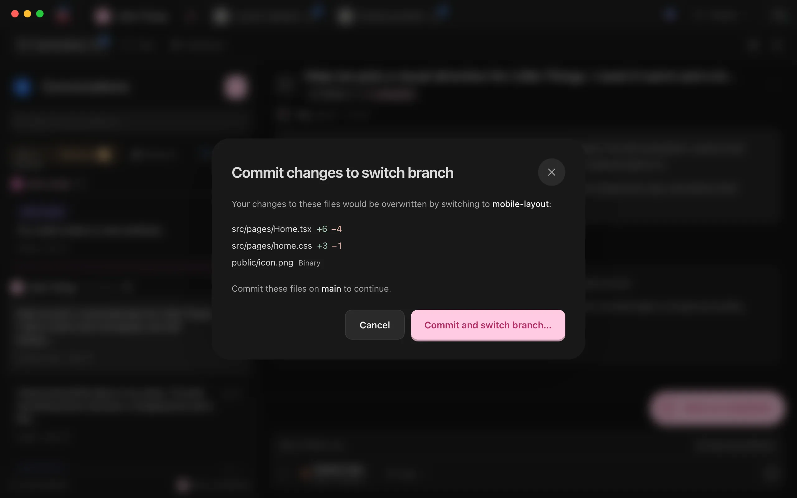The "Commit changes to switch branch" window, listing files with their added and removed line counts. Highlighted: The list of files.