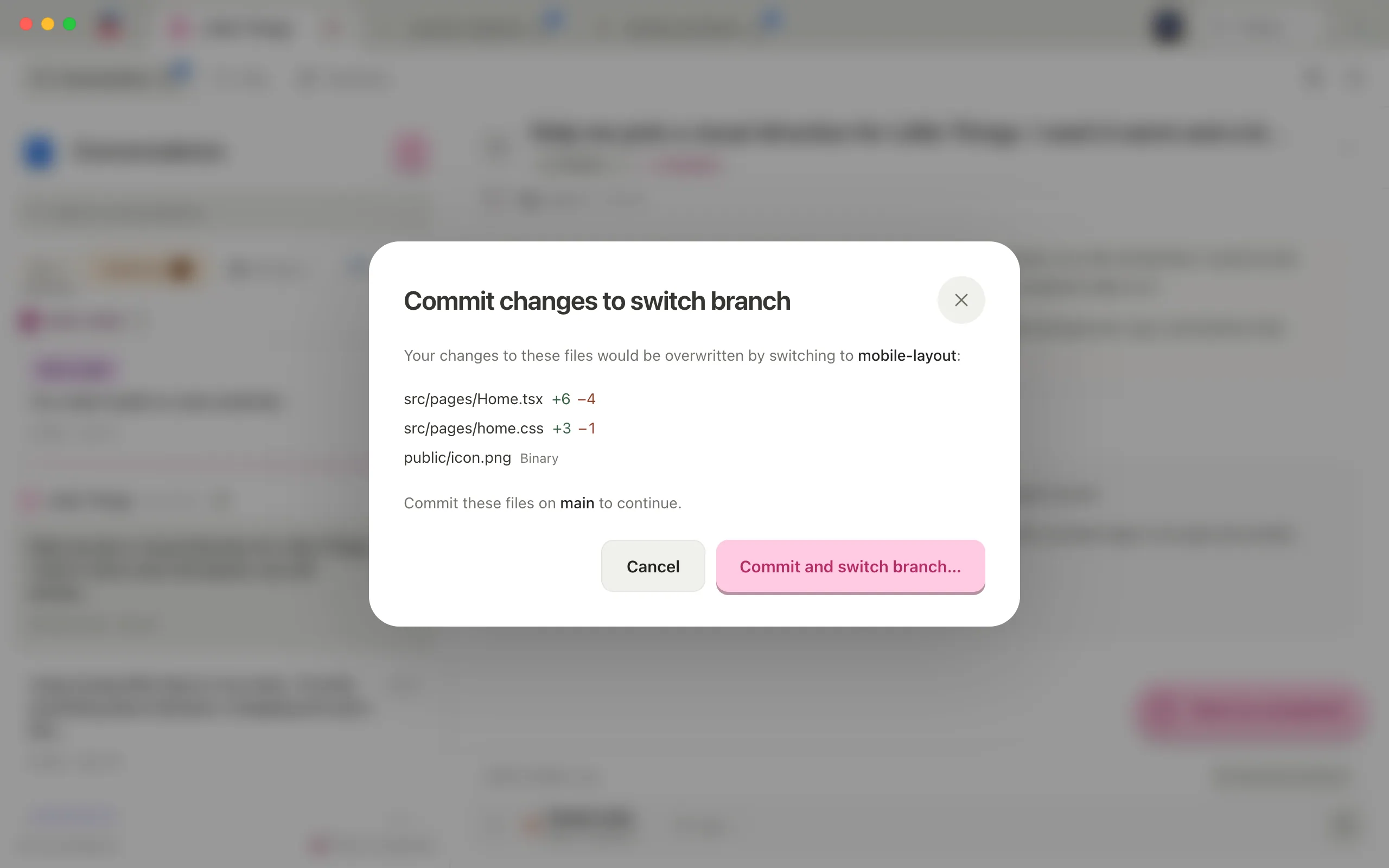 The "Commit changes to switch branch" window, listing files with their added and removed line counts. Highlighted: The list of files.