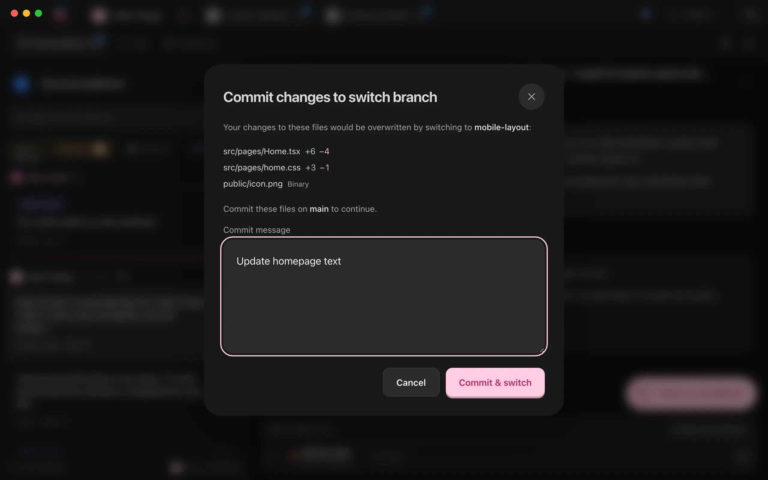 The same window with a short message typed in the Commit message box. Highlighted: Commit & switch.