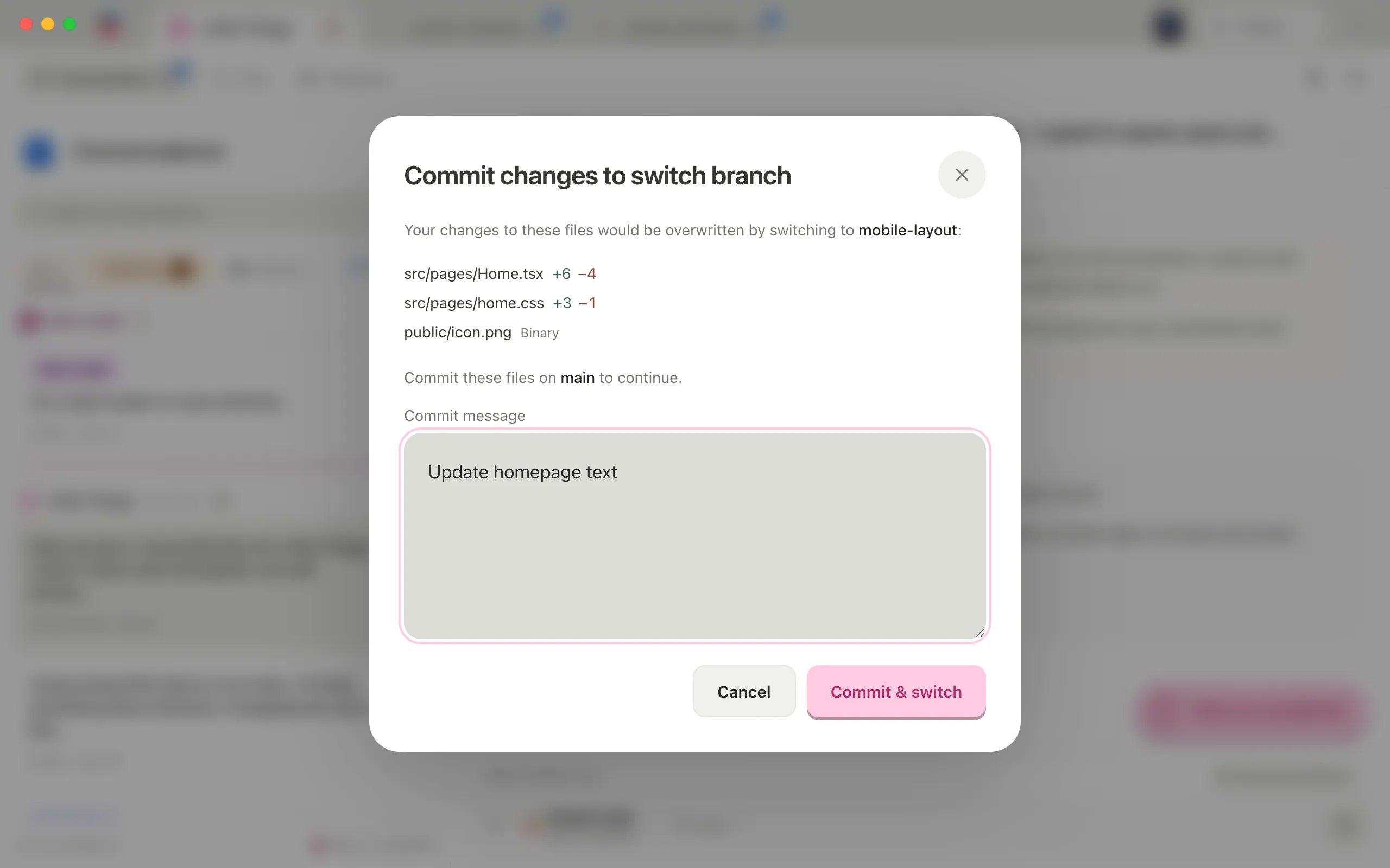 The same window with a short message typed in the Commit message box. Highlighted: Commit & switch.