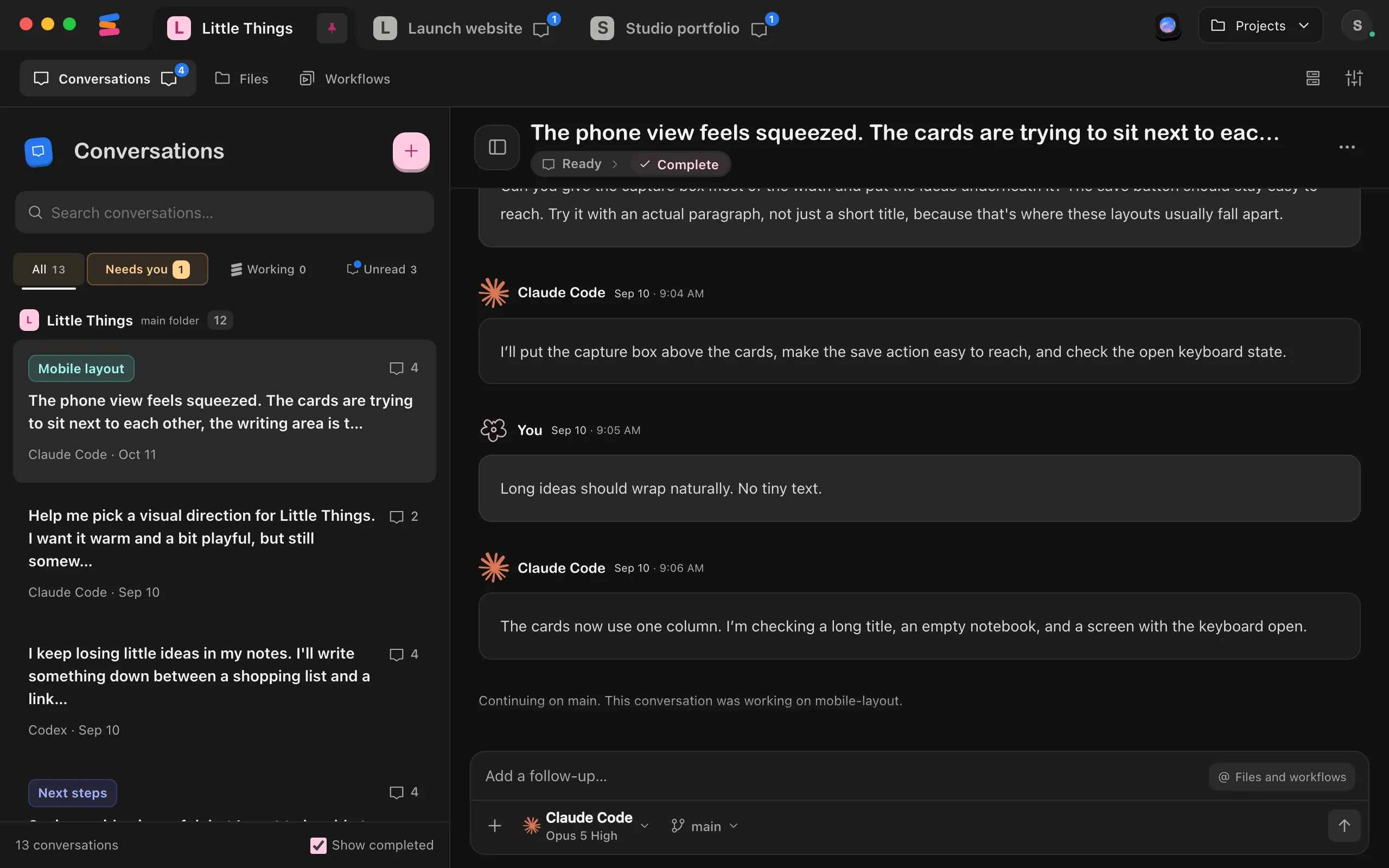 The conversation after choosing Stay on main: the notice is gone, and a note says the conversation continues on main. Highlighted: The note about your choice.