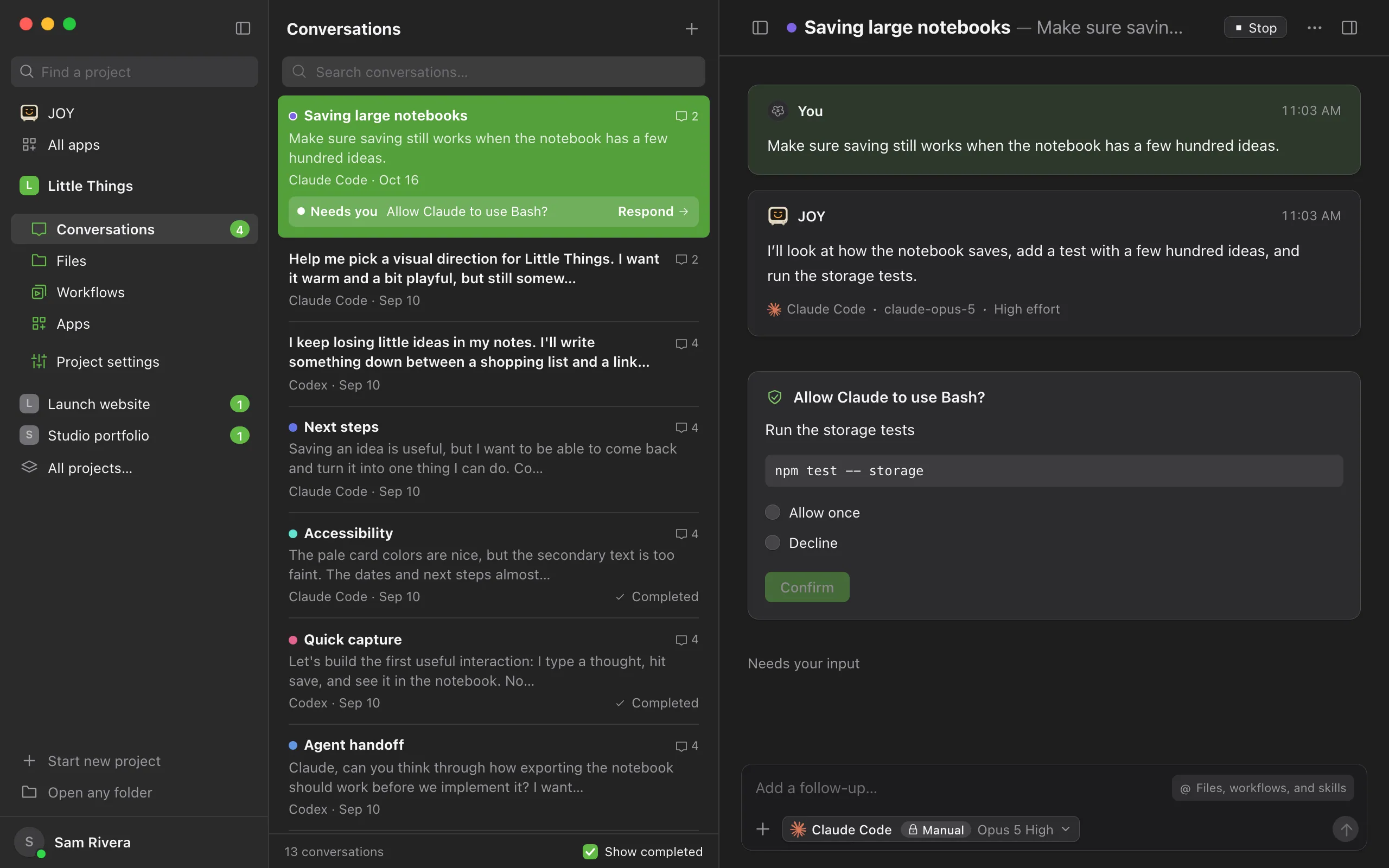 A permission request card in a conversation, with a shield icon and a title such as "Allow Claude to use Bash?", and the command details below. Highlighted: The request's title and details.