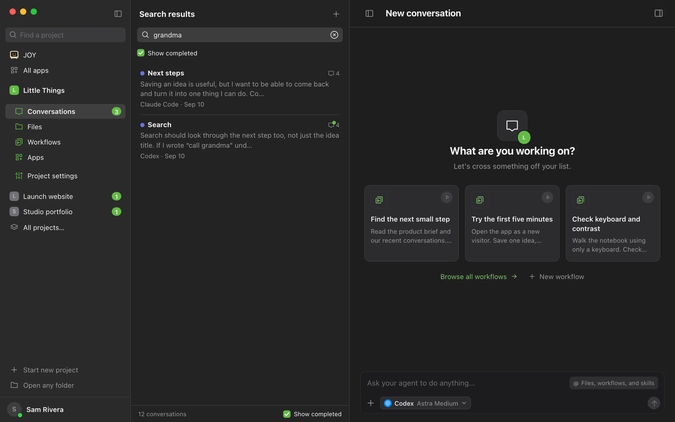 The conversation list with a word typed in the search box, the heading reading "Search results", and the Show completed checkbox below the search box. Highlighted: The search box.