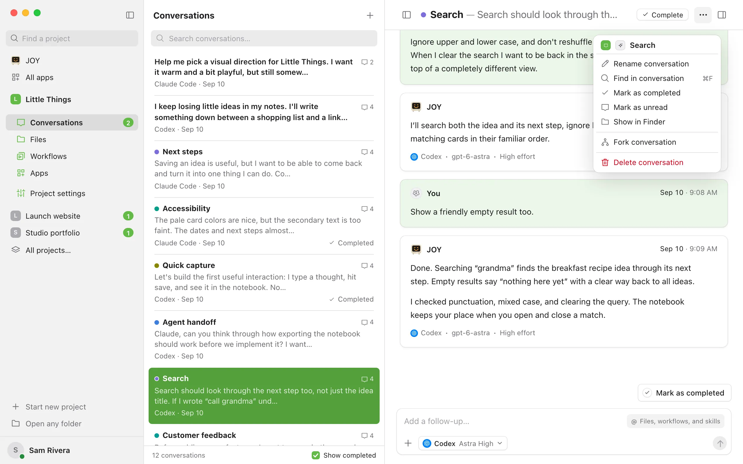 The Conversation actions menu, opened from the ⋯ button at the top right of a conversation. Highlighted: Find in conversation.