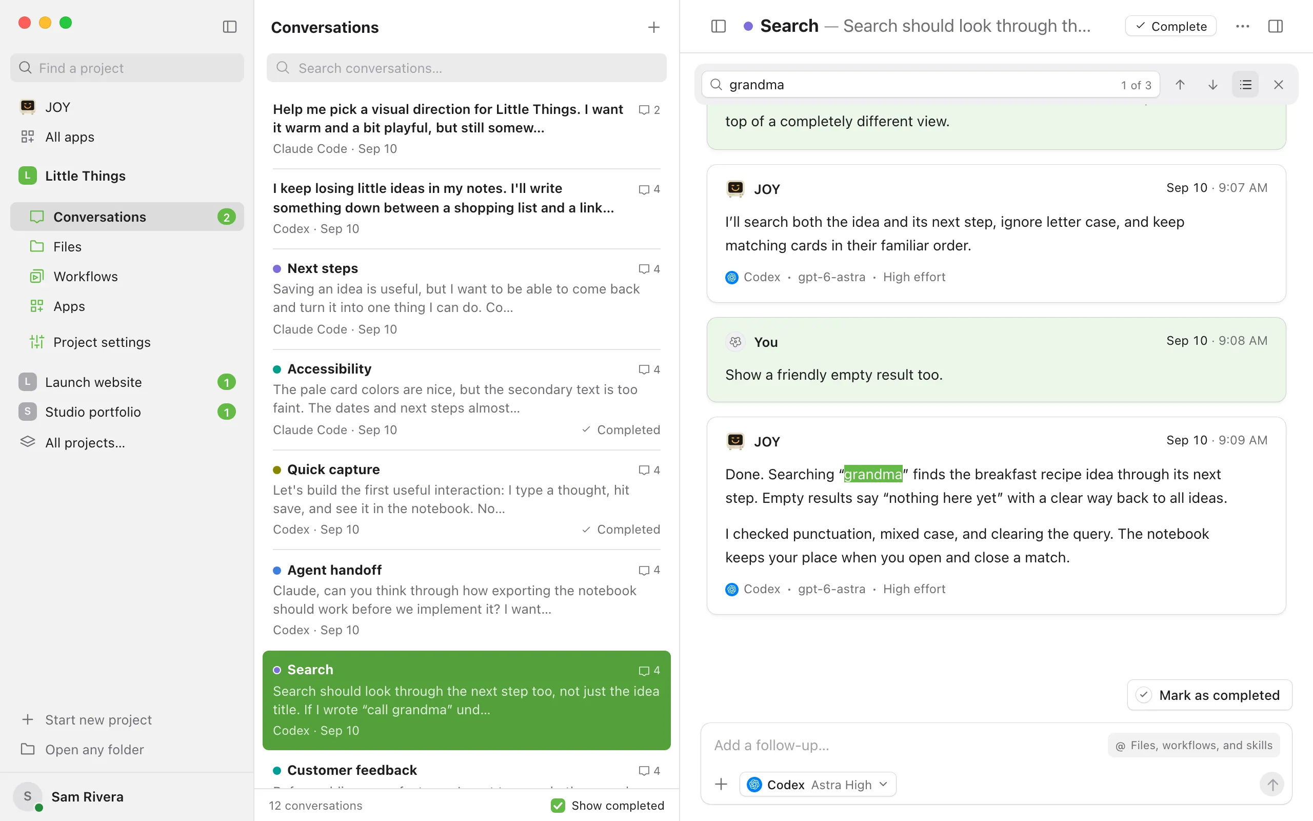 A conversation with the find bar open at the top, "grandma" typed in, the newest match highlighted in the conversation, and the count "1 of 3". Highlighted: The find field and its count.