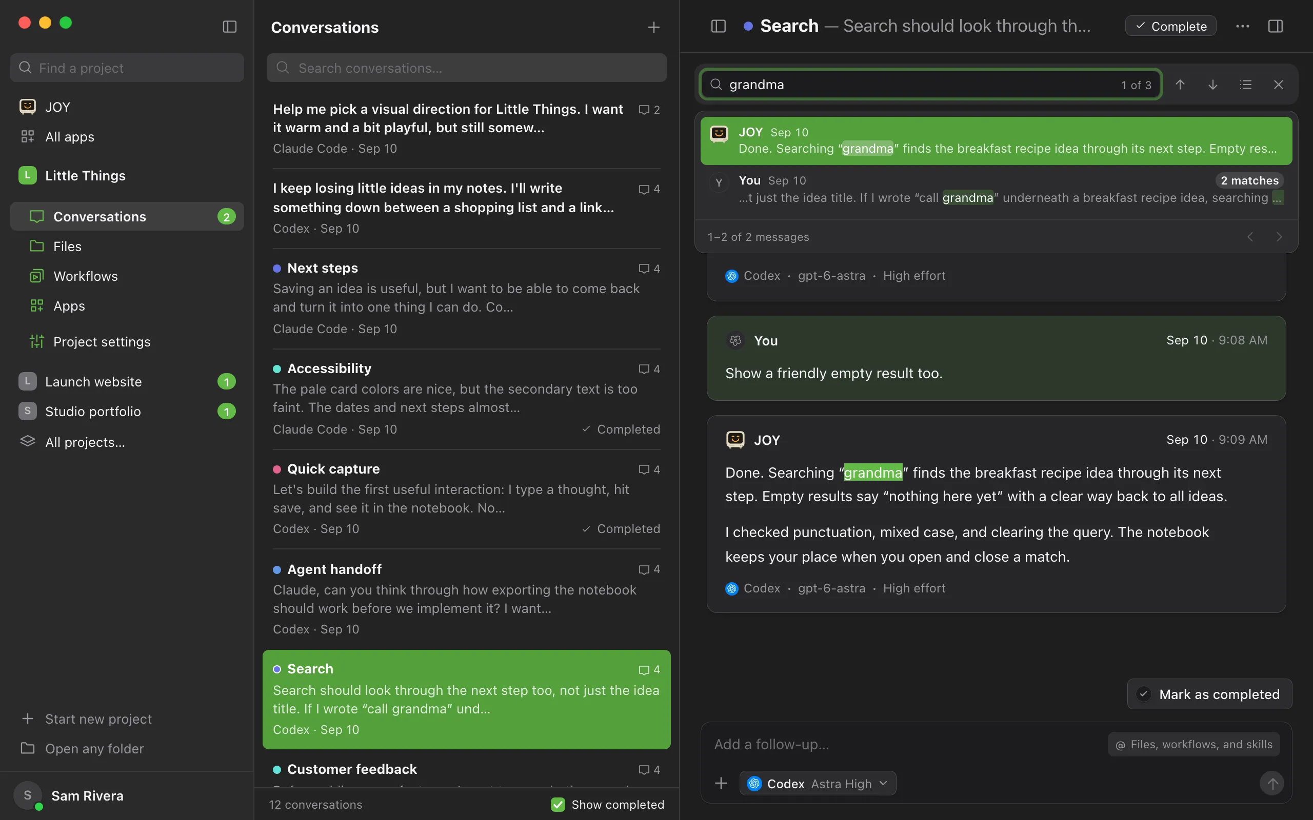 The find bar with the list of matching messages open below it. Highlighted: The Matching messages button.