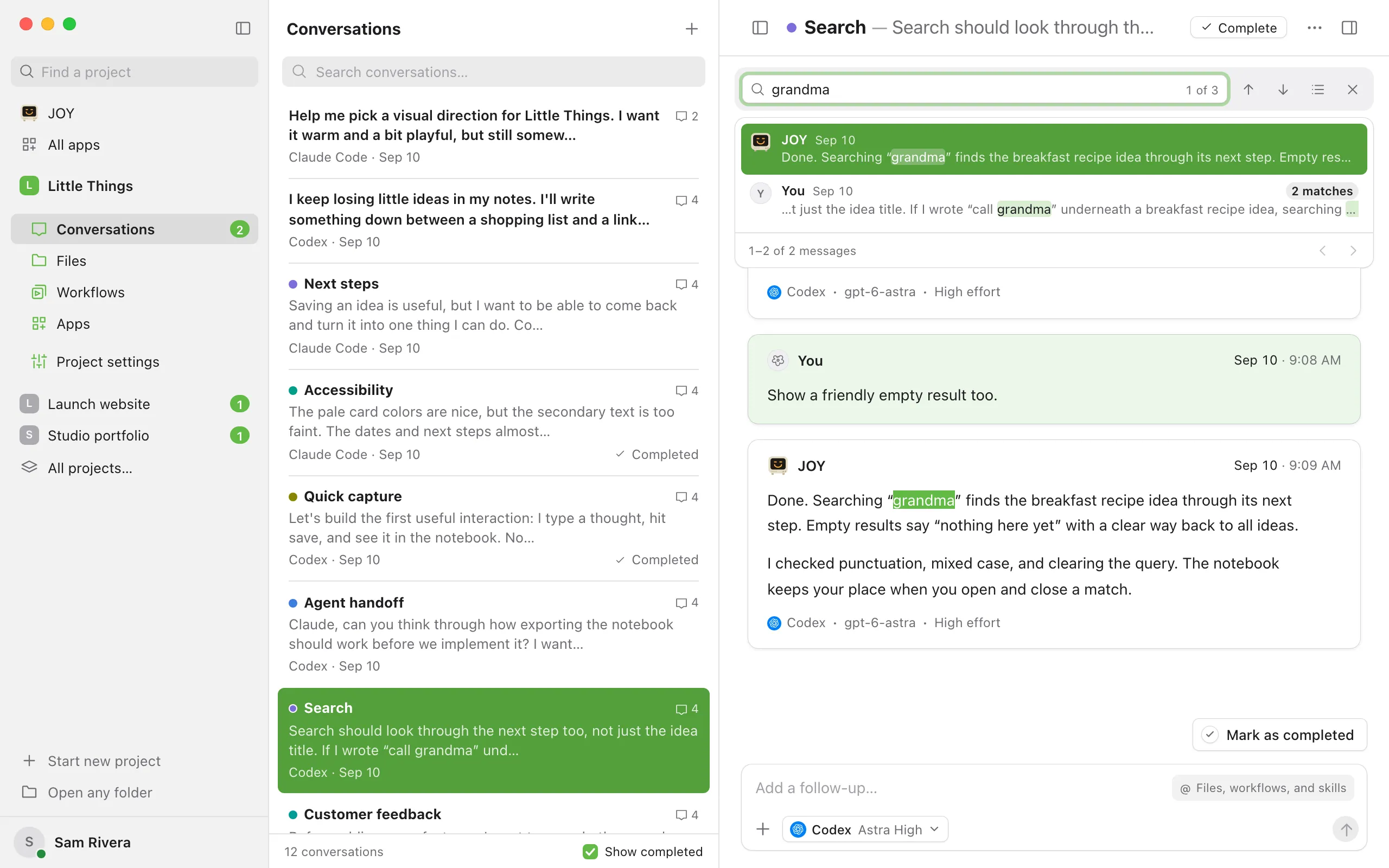 The find bar with the list of matching messages open below it. Highlighted: The Matching messages button.
