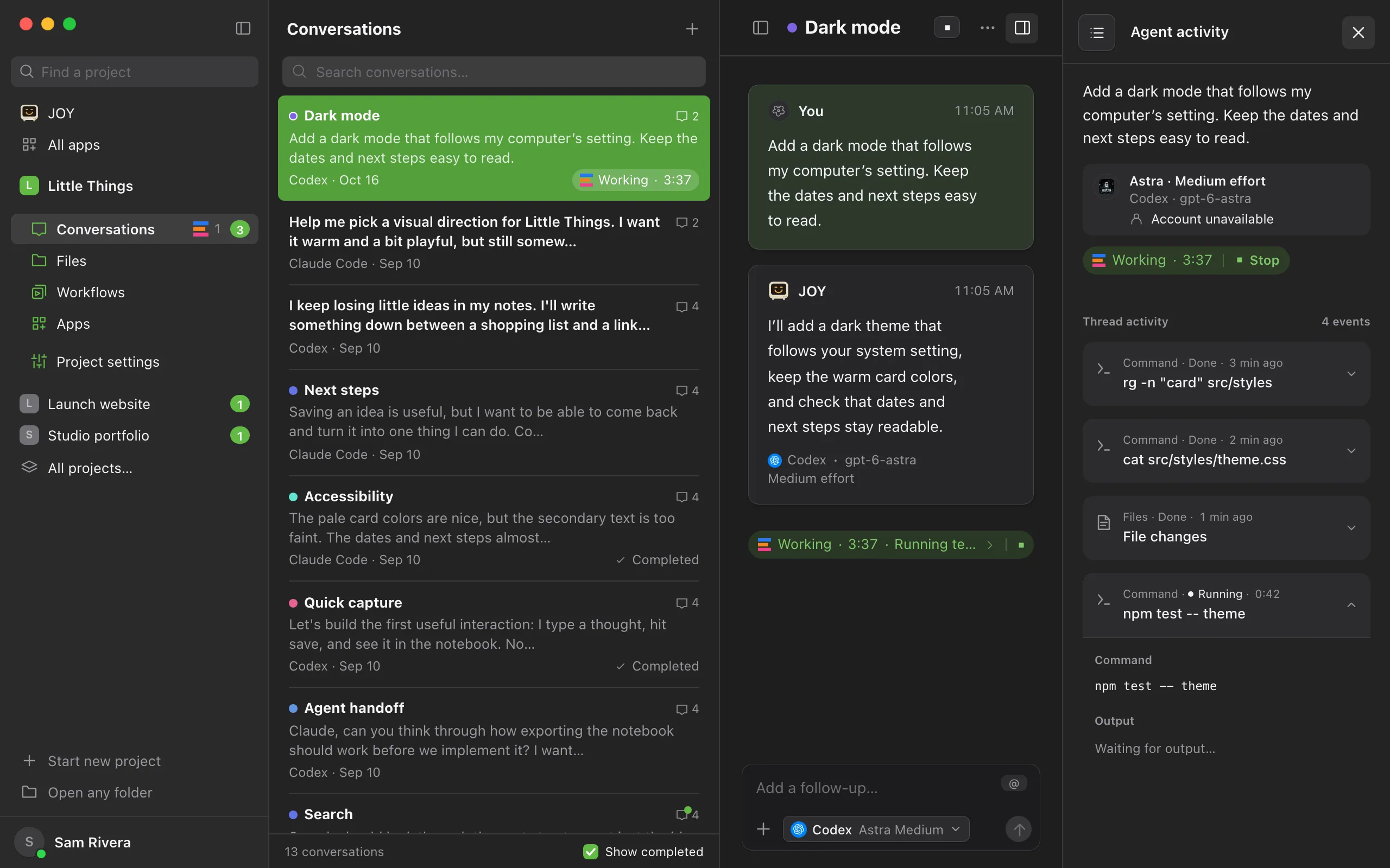 The Agent activity panel beside the conversation, listing several steps under Thread activity. Highlighted: A step's status and time.