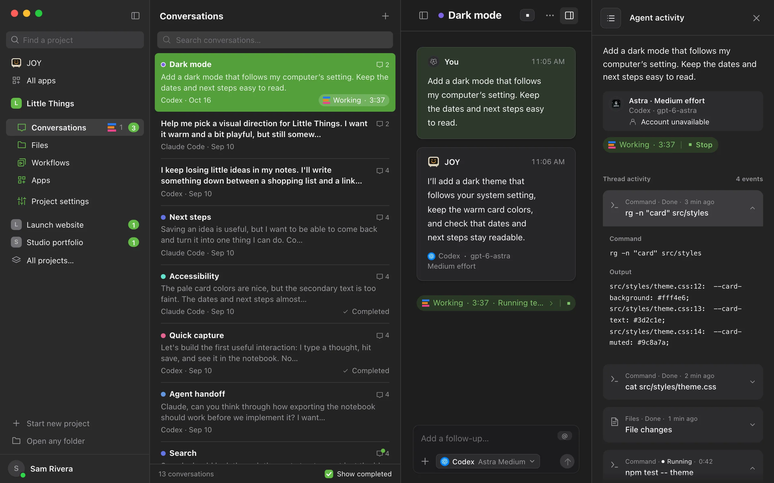 The Agent activity panel with a finished step opened, showing its command and output. Highlighted: The opened step.