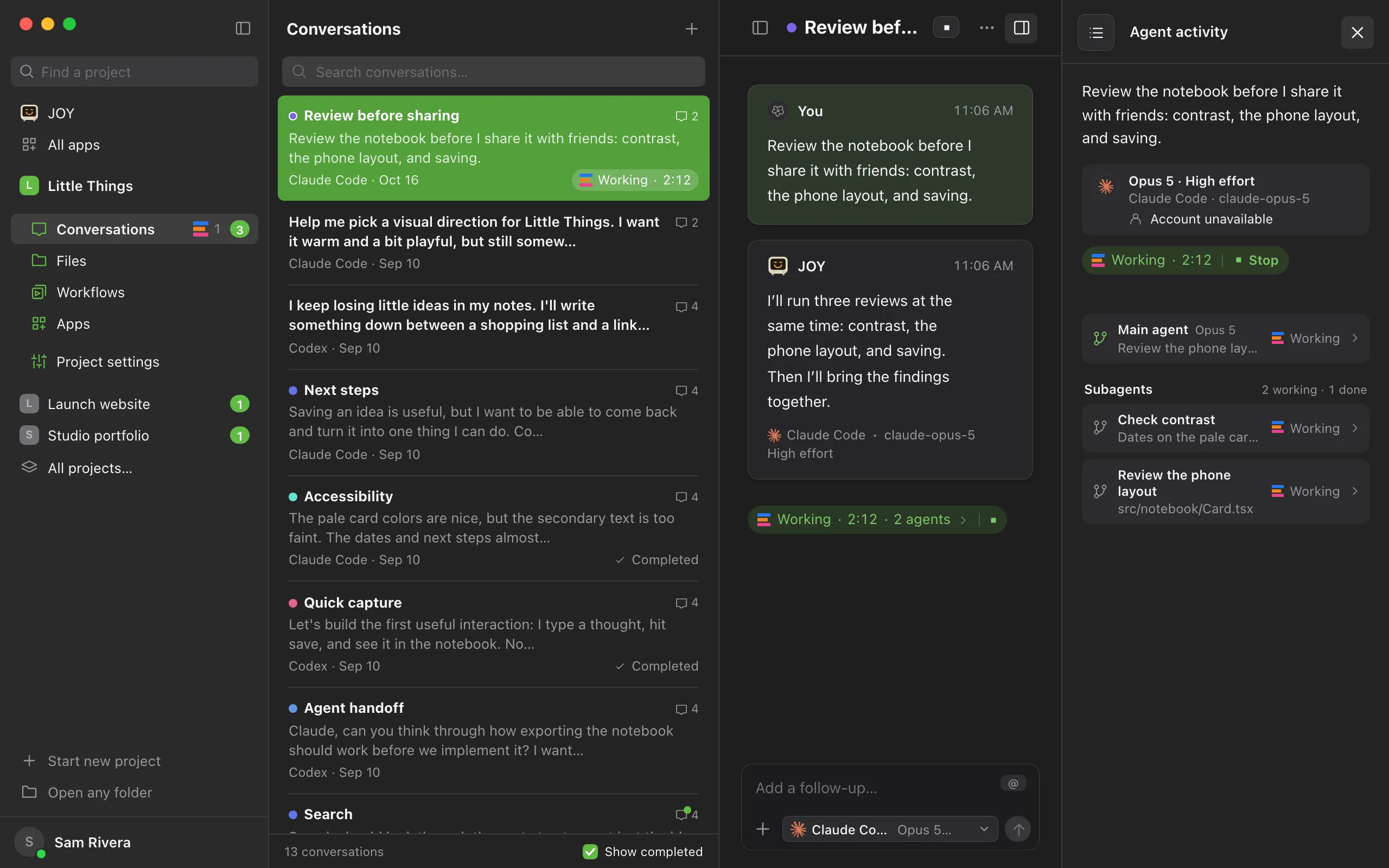 The Agent activity panel for a conversation with subagents, showing Main agent and the Subagents list. Highlighted: The Subagents heading.