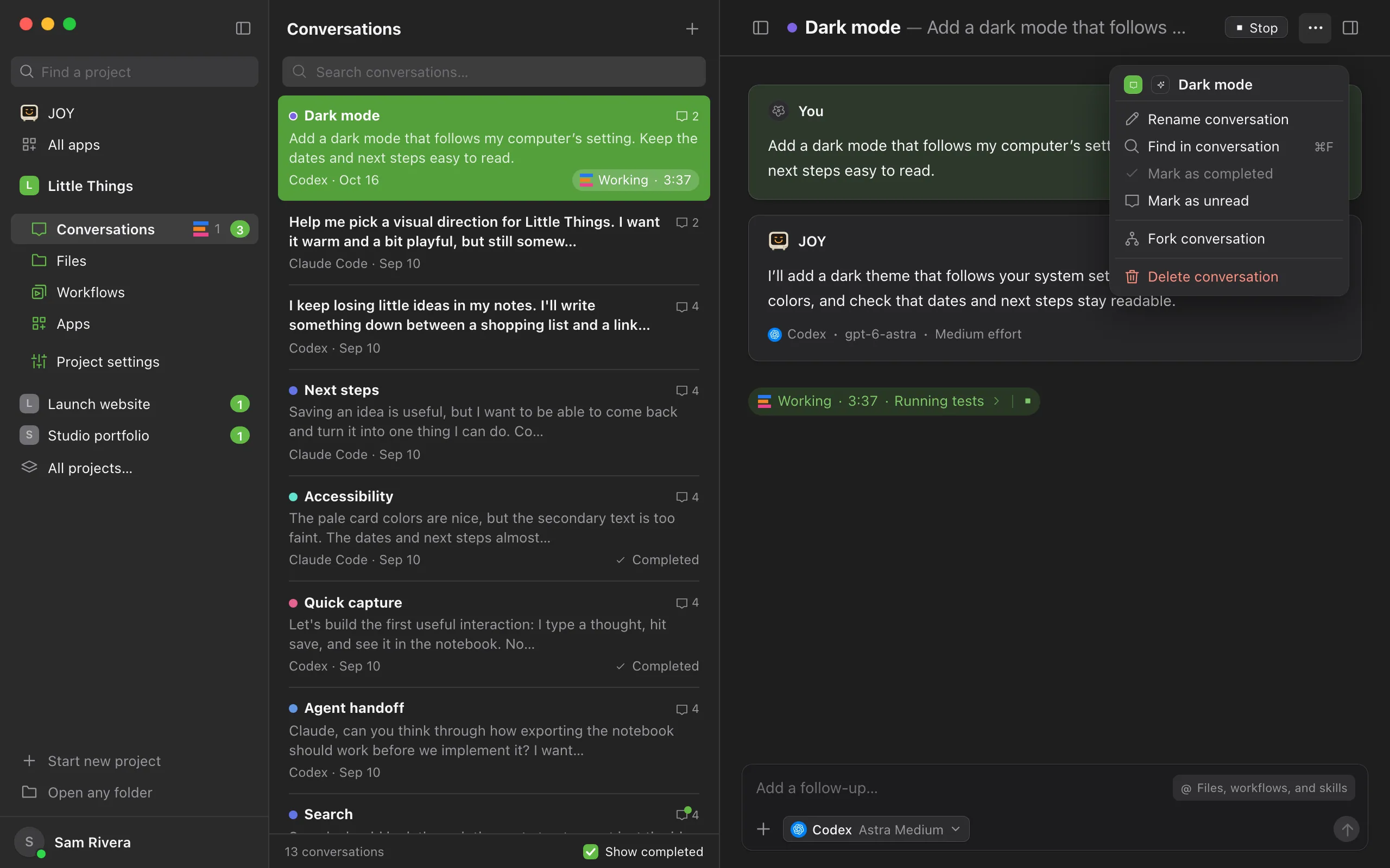 The Conversation actions menu, opened while the agent works. Highlighted: Fork conversation.
