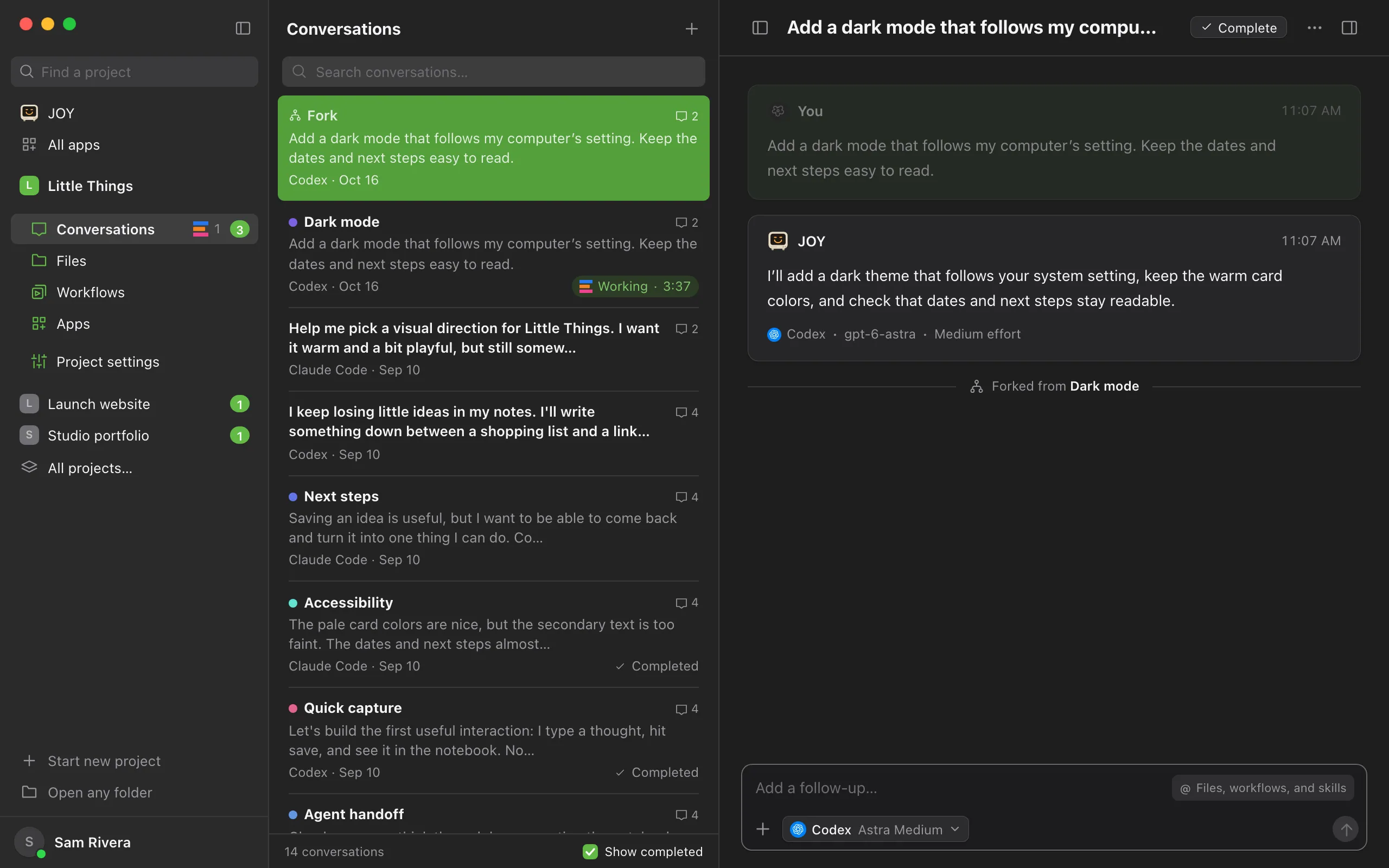 The new fork, with the copied messages faded above a line that says where they came from, and the message box ready. Highlighted: The message box.