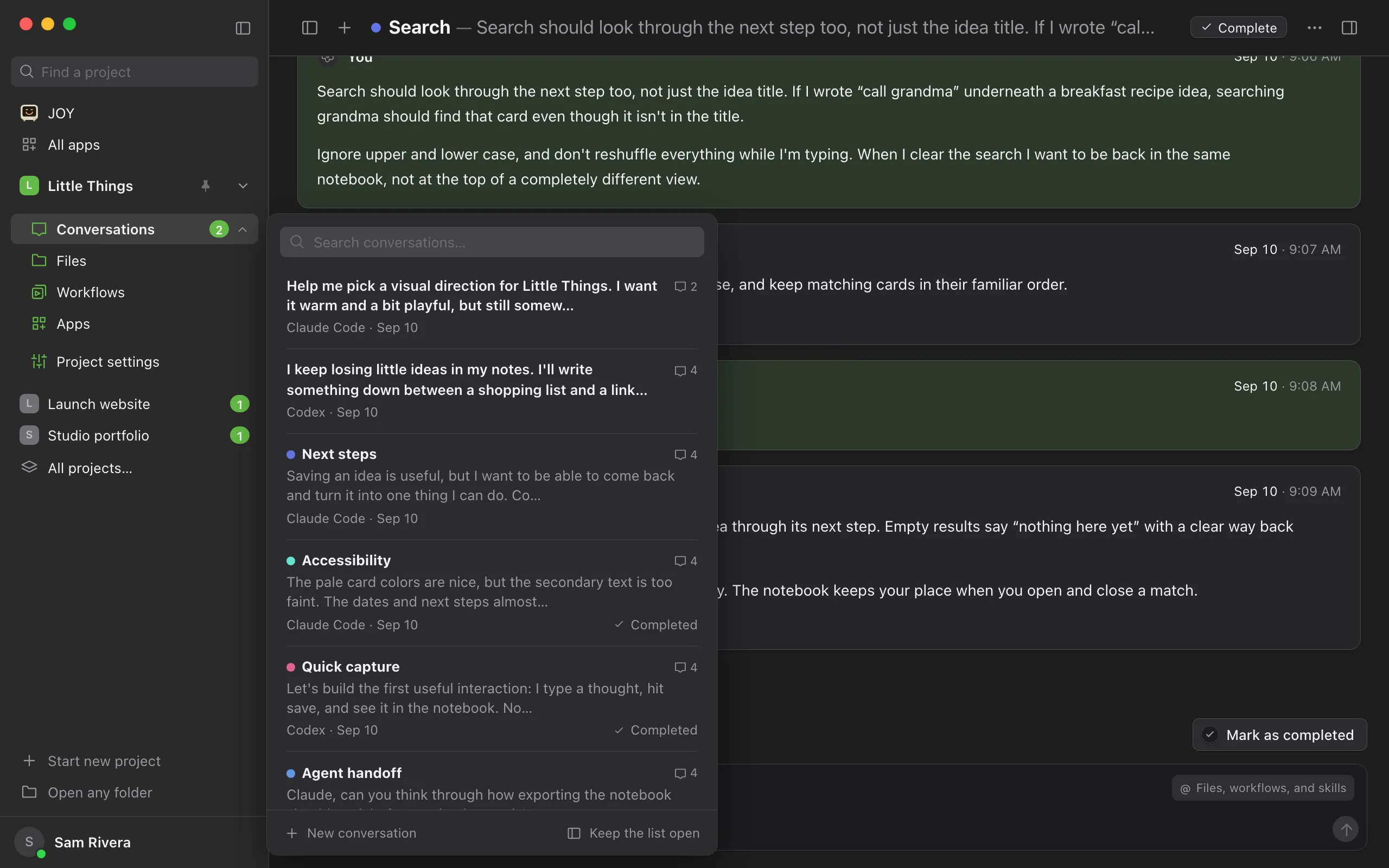 The list hidden, with the conversation list open beside Conversations in the rail on the left. Highlighted: Conversations in the rail.
