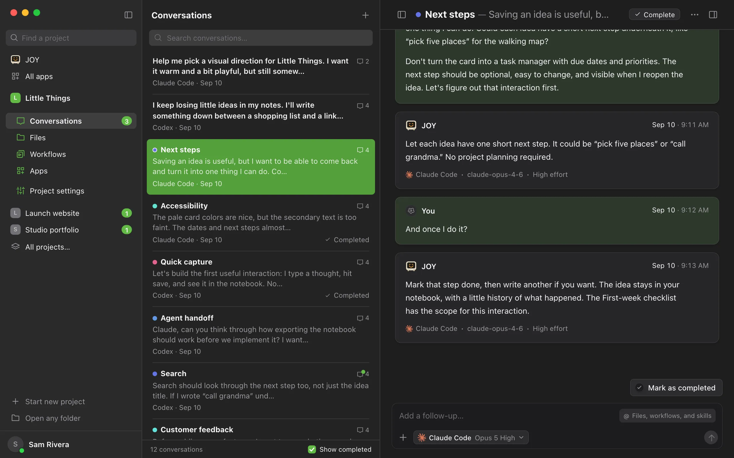 A conversation after the agent’s final reply, with Complete beside its title and Mark as completed above the empty message box. Highlighted: Mark as completed, above the message box.