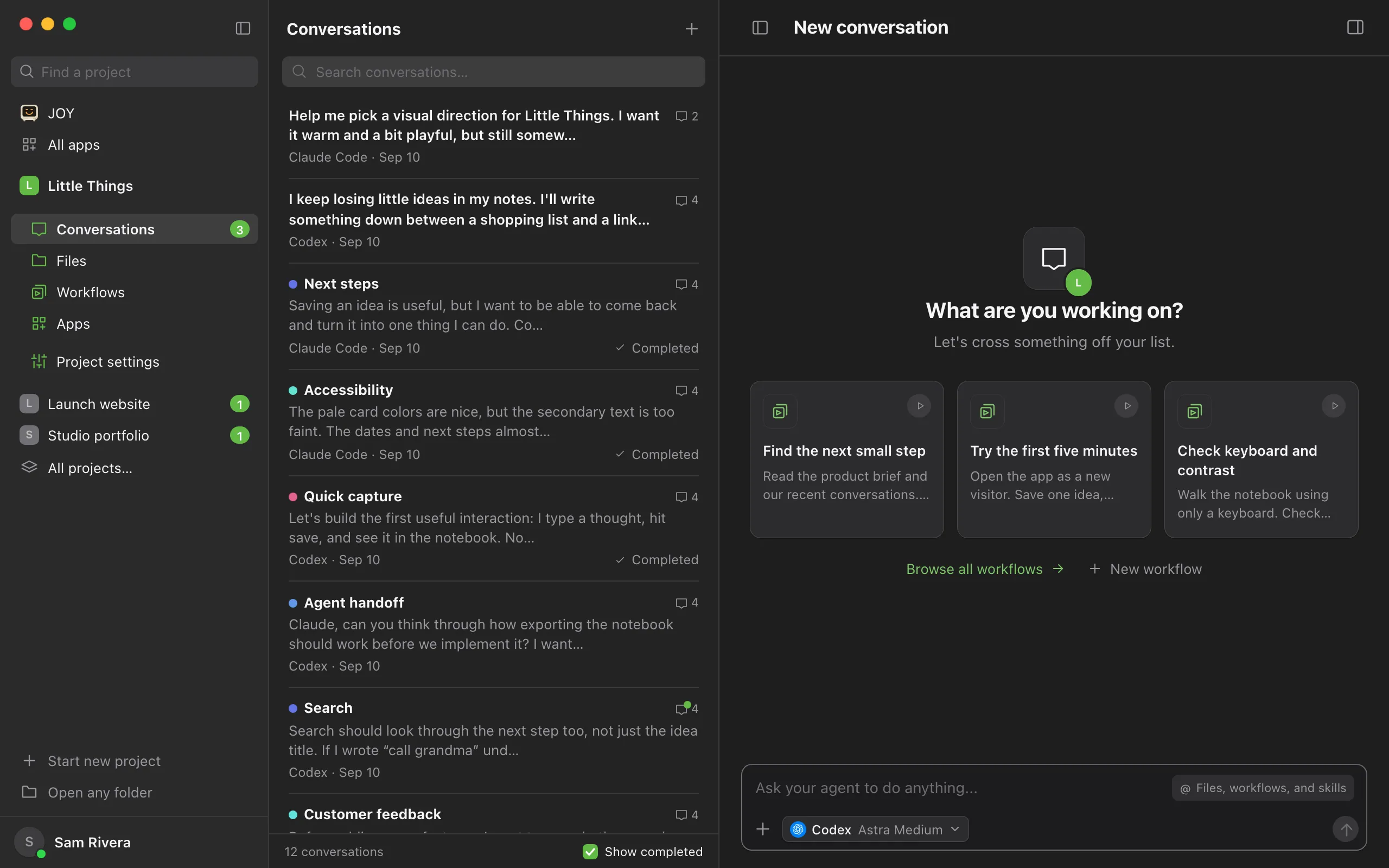 A moment after selecting Mark as completed: a new conversation opens, ready for the next task. Highlighted: The new conversation’s message box.